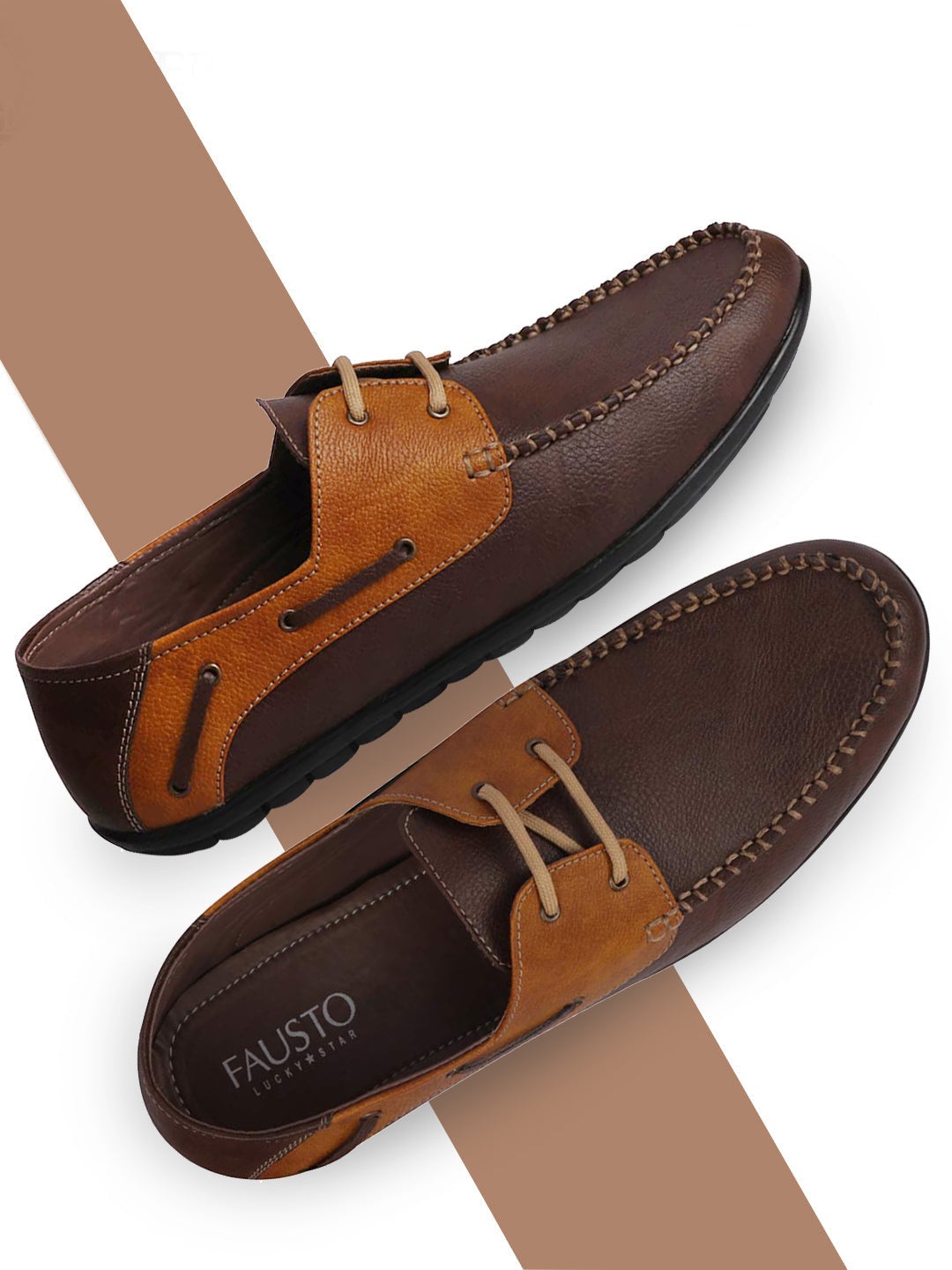 

FAUSTO Men Lightweight Lace-Ups Colourblocked PU Boat Shoes, Brown