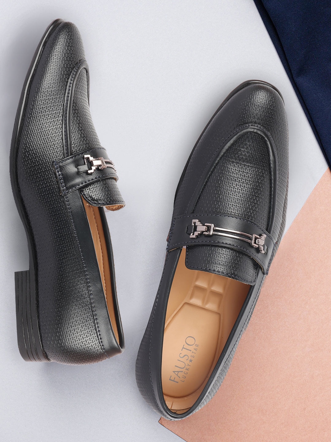 

FAUSTO Men Textured Formal Loafers, Navy blue