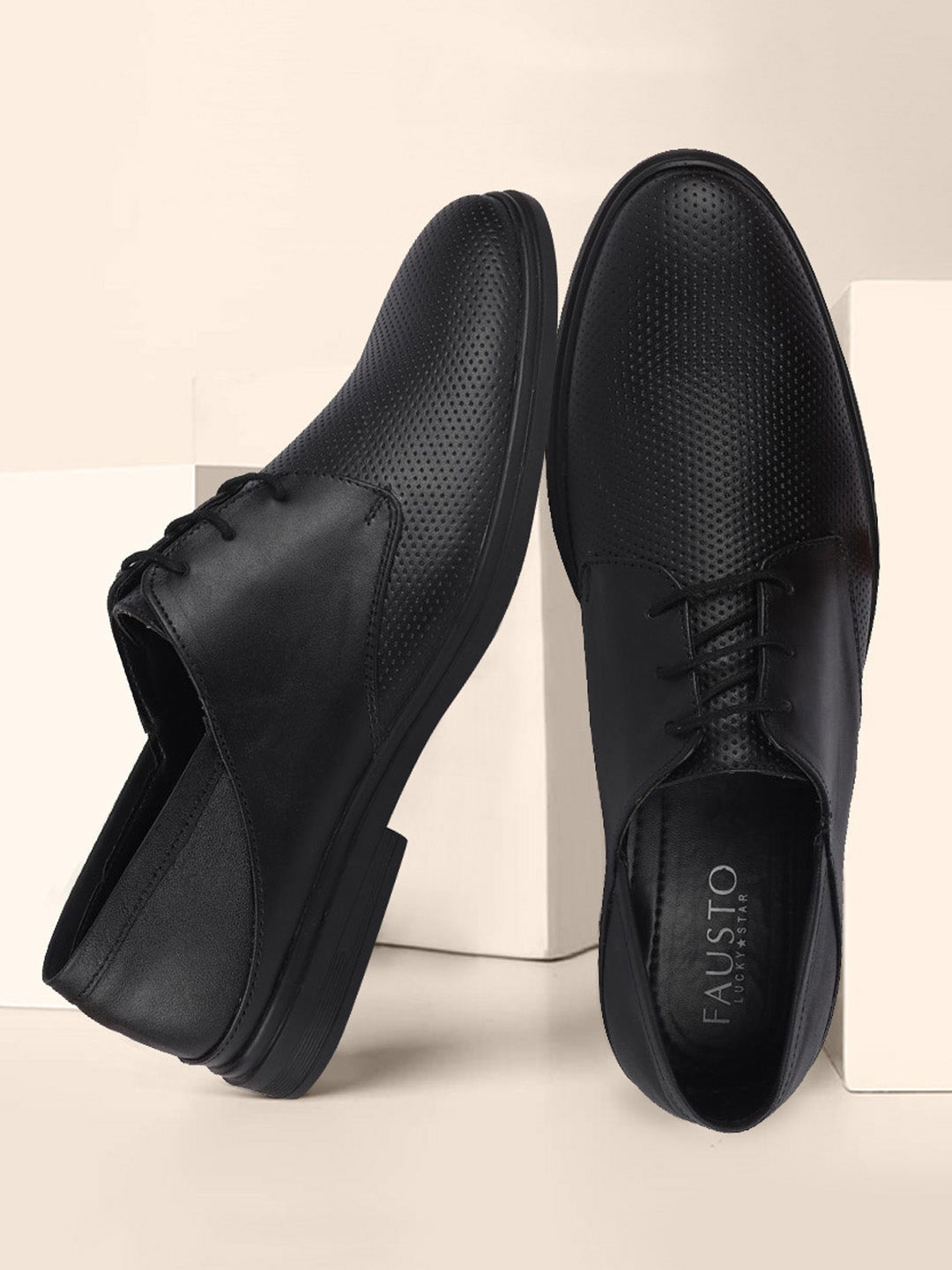 

FAUSTO Men Textured Detail Leather Formal Derbys, Black