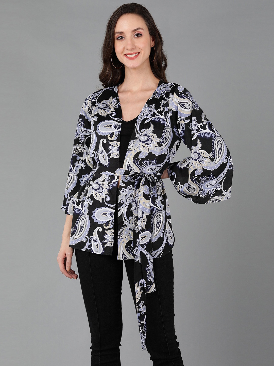 

Fashfun Women Printed Tie-Up Shrug, Black
