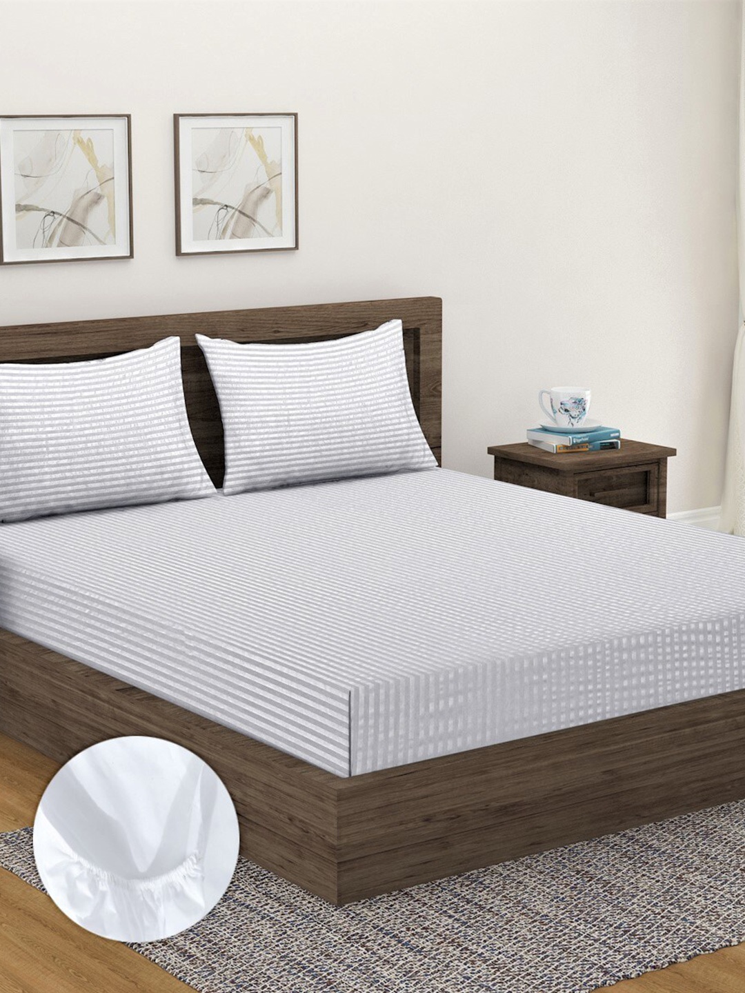 

Home Sizzler White Striped 300 TC Cotton King Fitted 1 Bedsheet with 2 Pillow Covers
