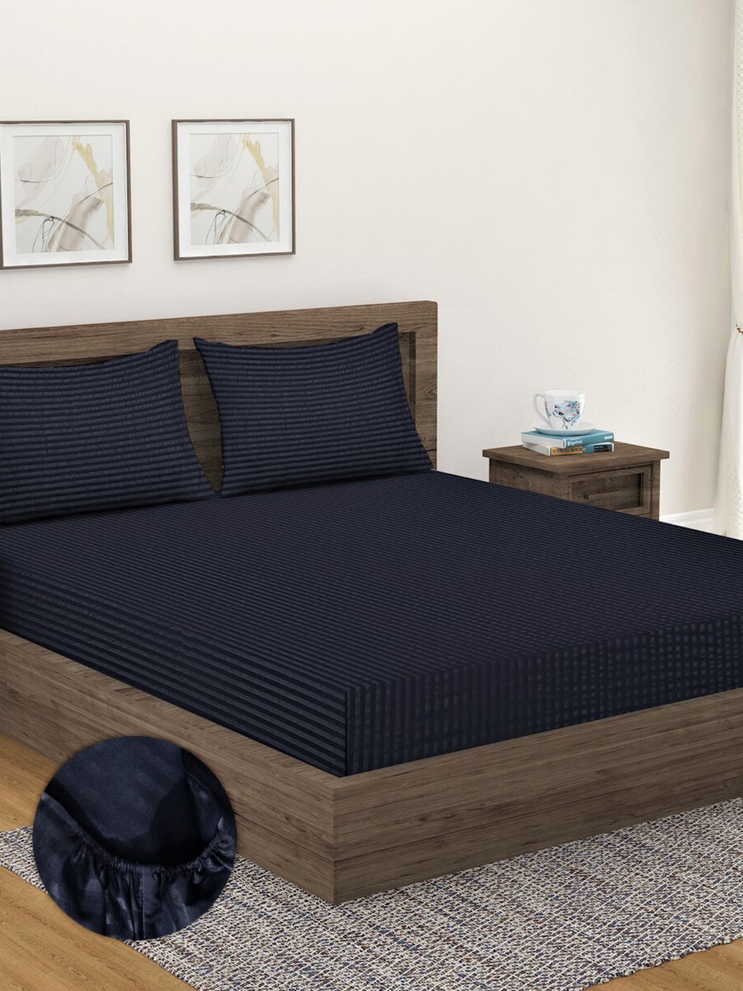 

Home Sizzler Black Striped 300 TC Cotton King Fitted Bedsheet with 2 Pillow Covers