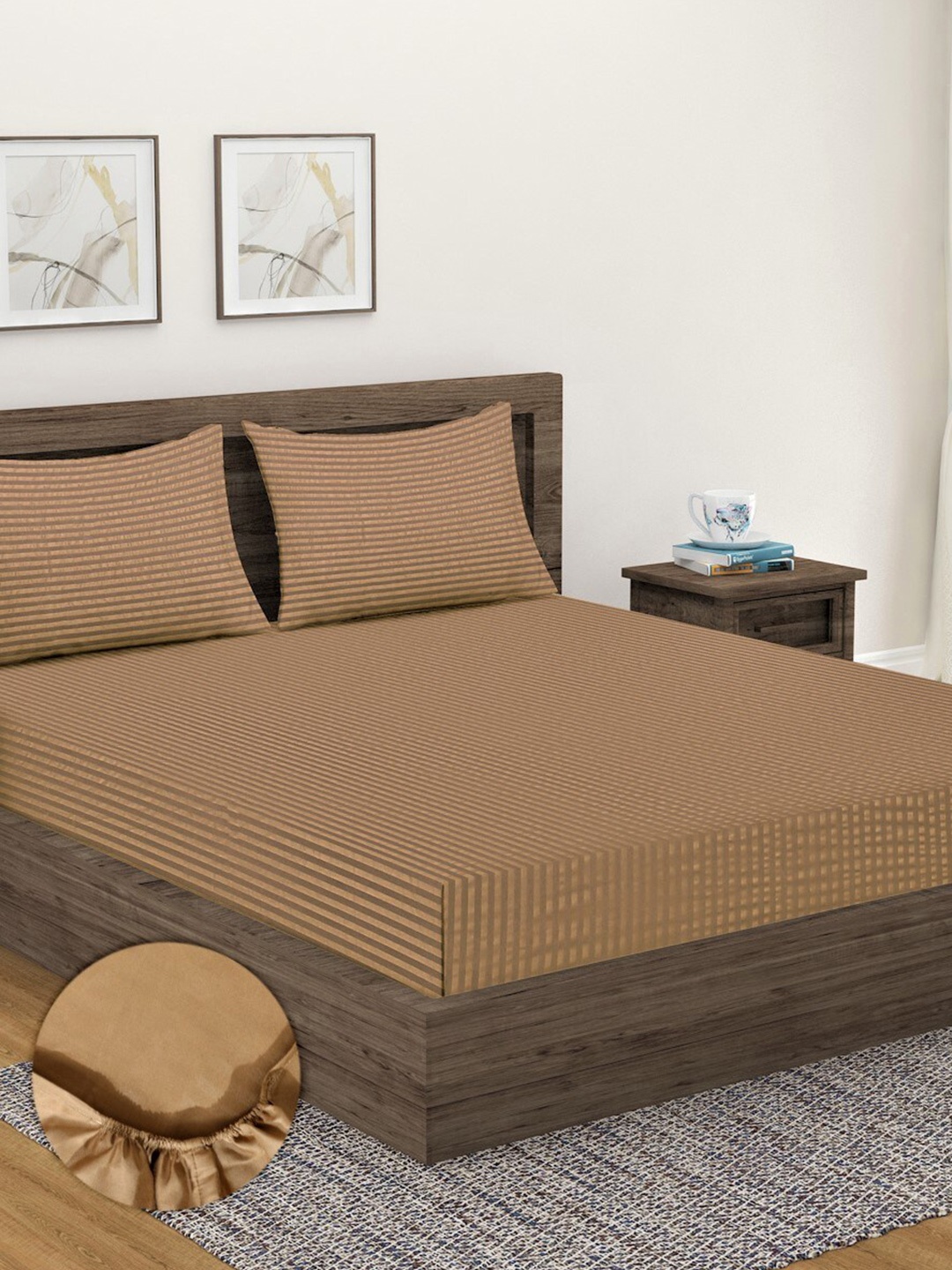 

Home Sizzler Beige Striped 300 TC Cotton King Fitted Bedsheet with 2 Pillow Covers