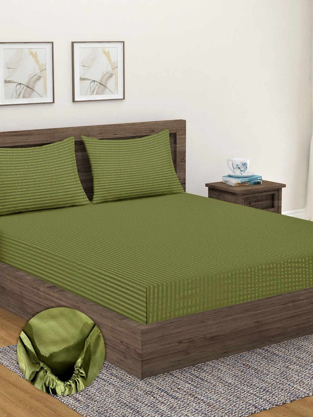 

Home Sizzler Green Striped 300 TC Cotton King Fitted 1 Bedsheet with 2 Pillow Covers
