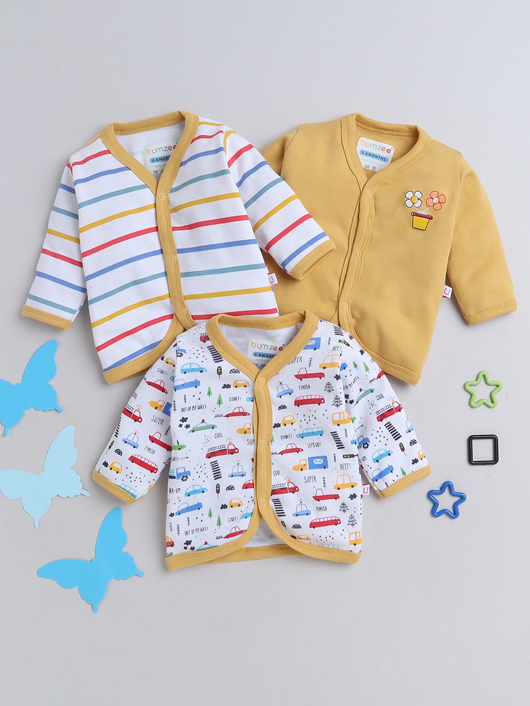 

BUMZEE Infant Boys Pack Of 3 Printed Cotton Jhablas, Mustard