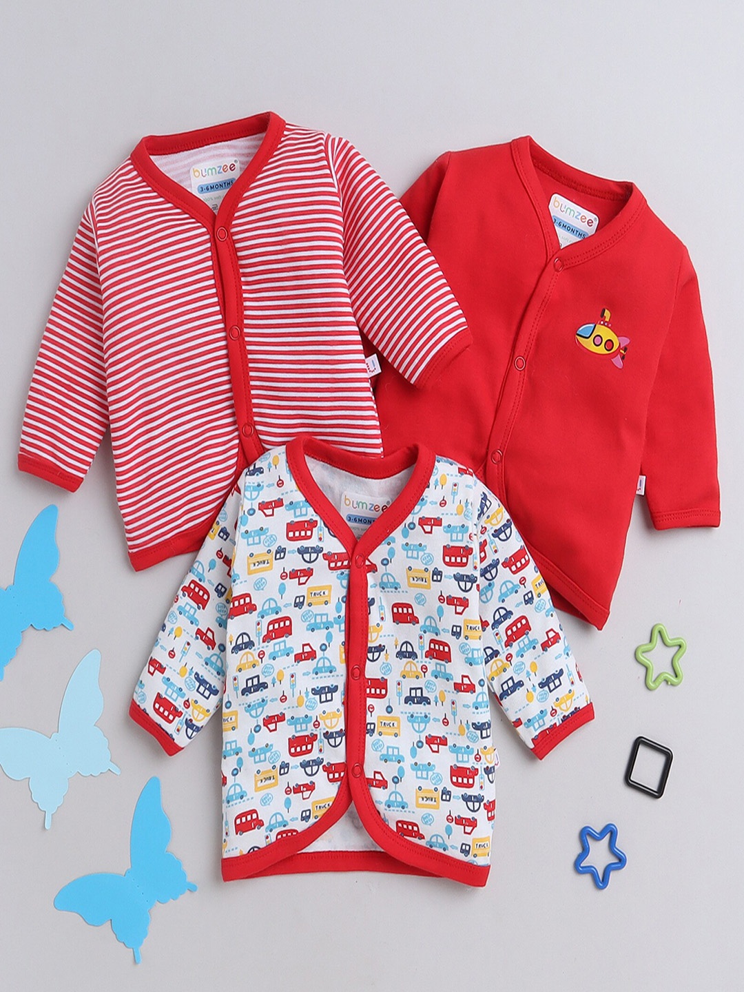 

BUMZEE Infant Boys Pack Of 3 Printed Pure Cotton Innerwear Jhabla Vests, Red