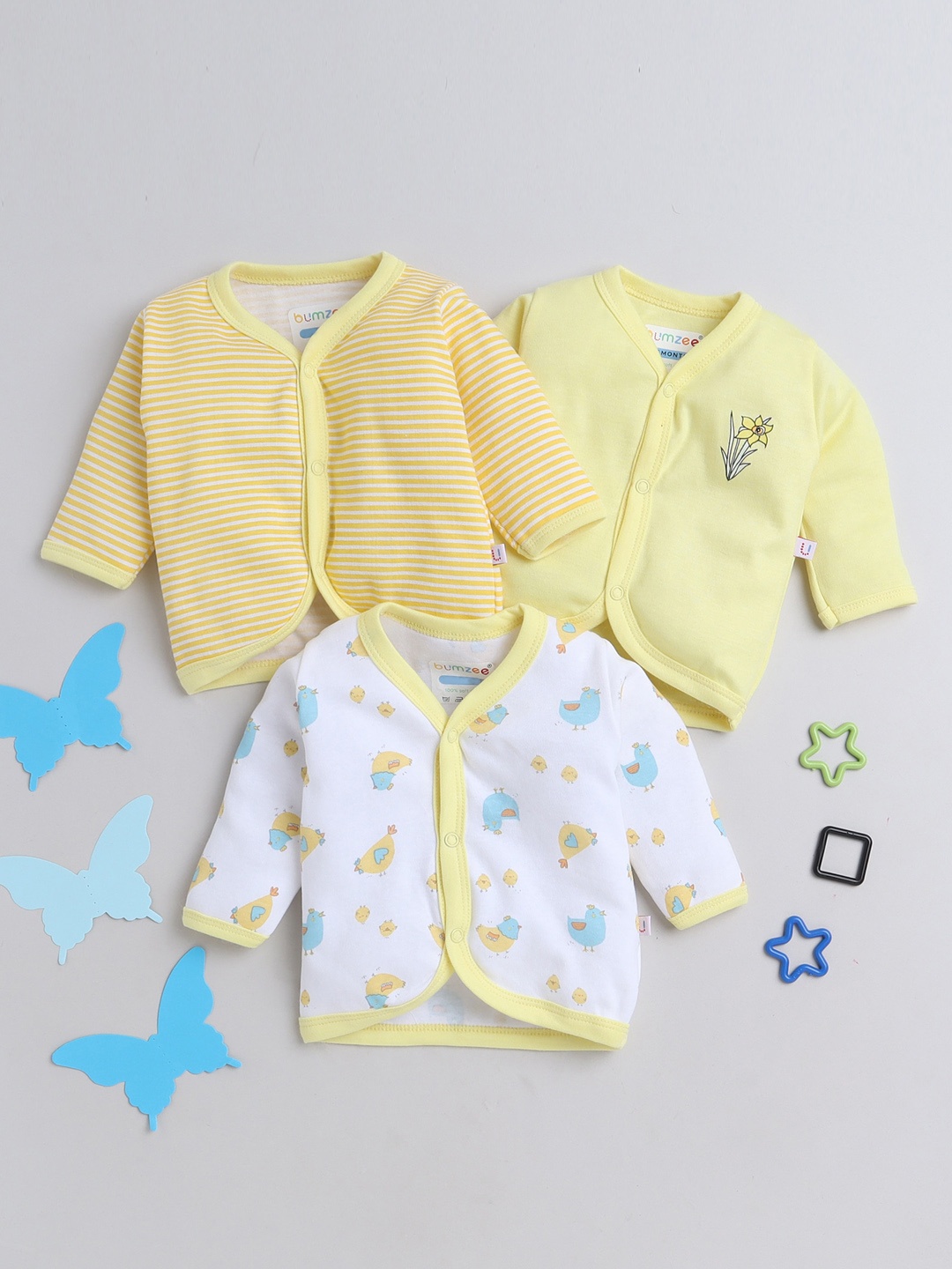 

BUMZEE Infant Girls Pack Of 3 Pure Combed Cotton Full Sleeves Jhablas, Yellow