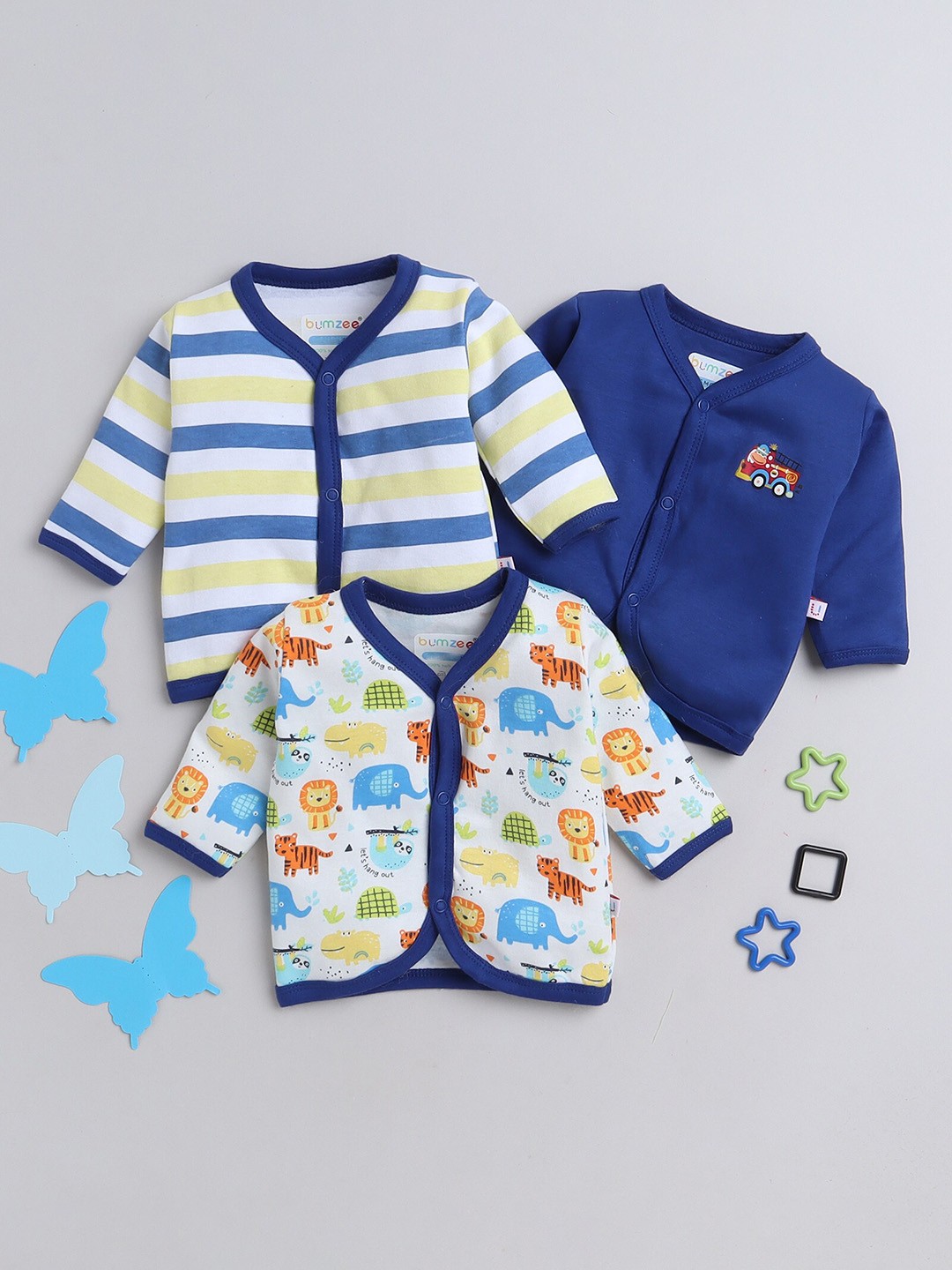 

BUMZEE Infant Boys Pack Of 3 Printed Pure Cotton Jhablas, Navy blue
