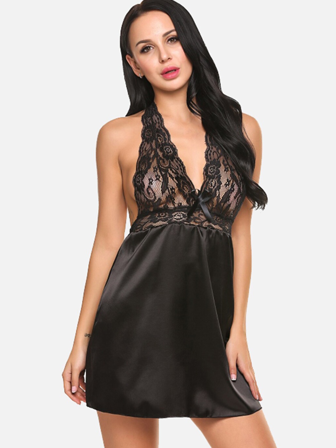 

StyFun Satin Halter Neck Baby Doll, Black