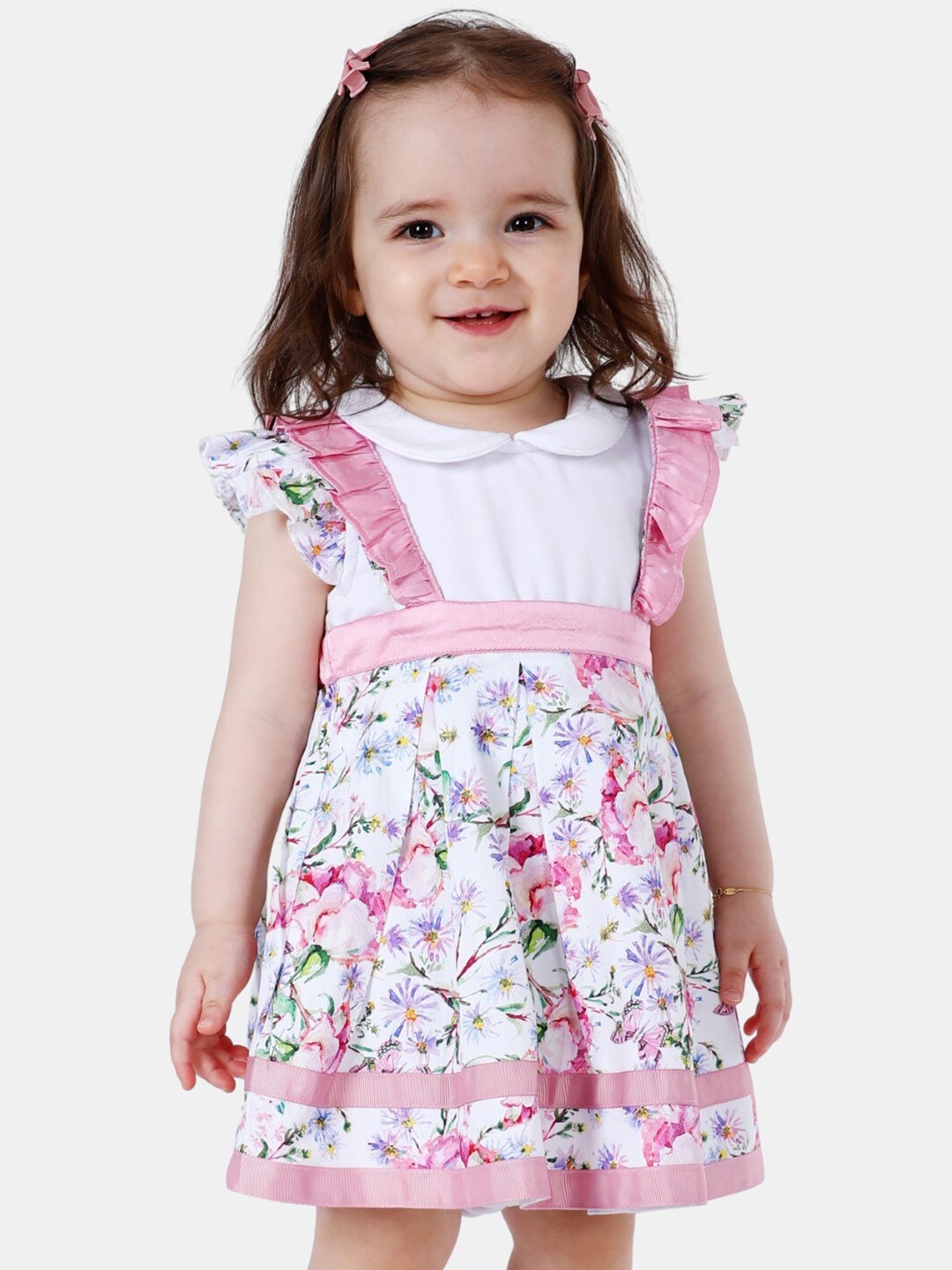 

One Friday Girls Floral Printed Peter Pan Collar Ruffled Pure Cotton Fit & Flare Dress, Pink