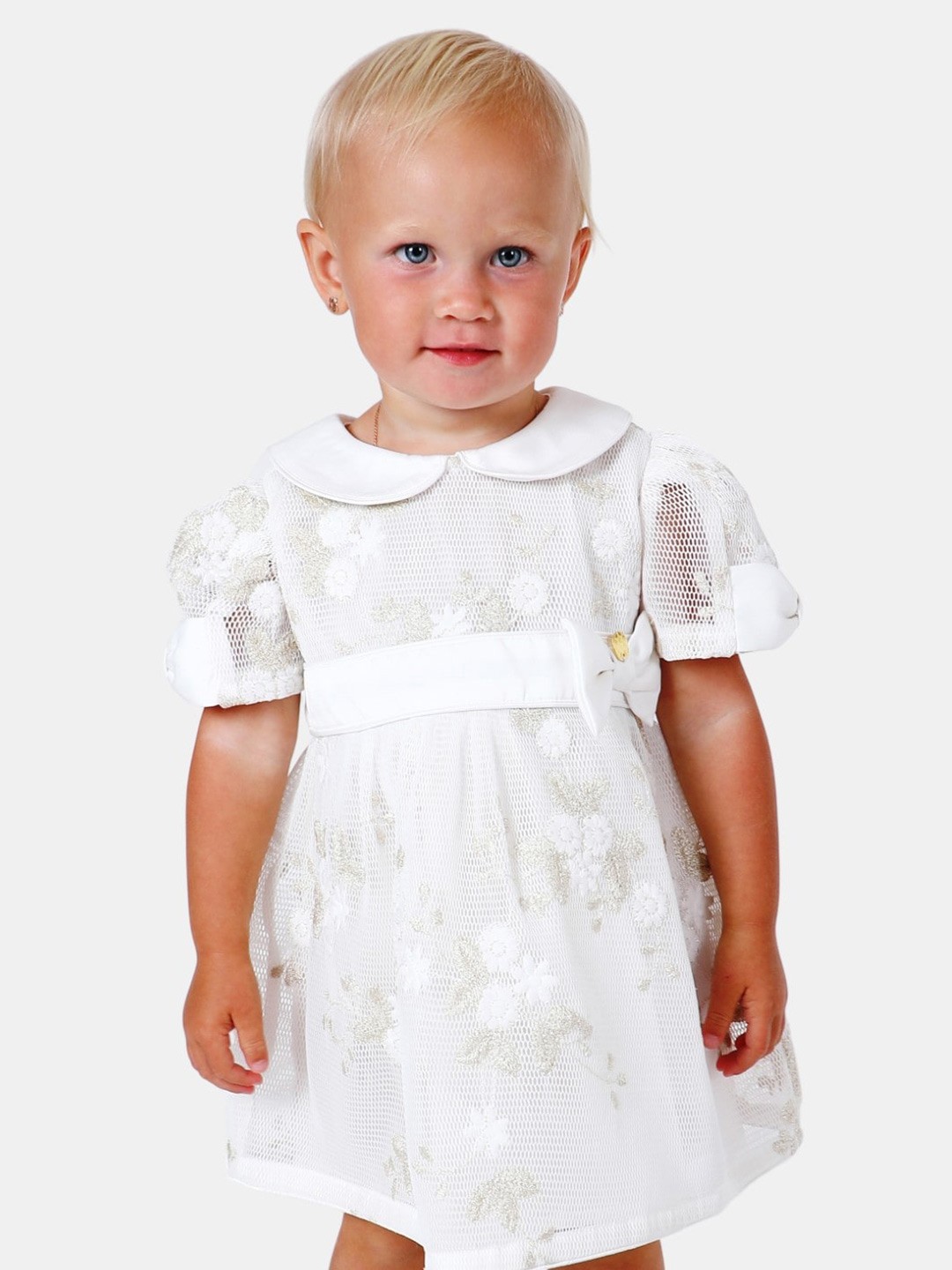 

One Friday Floral Embroidered Peter Pan Collar Dress, Off white