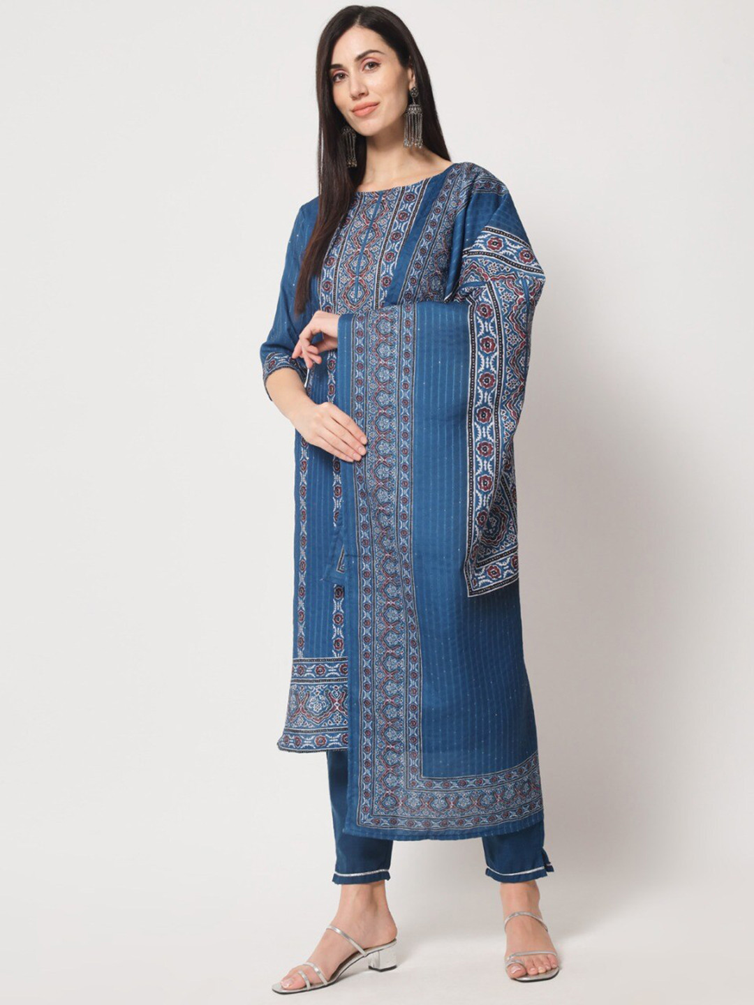 

MORLY Women Blue Printed Sequinned Kurta with Trousers & With Dupatta