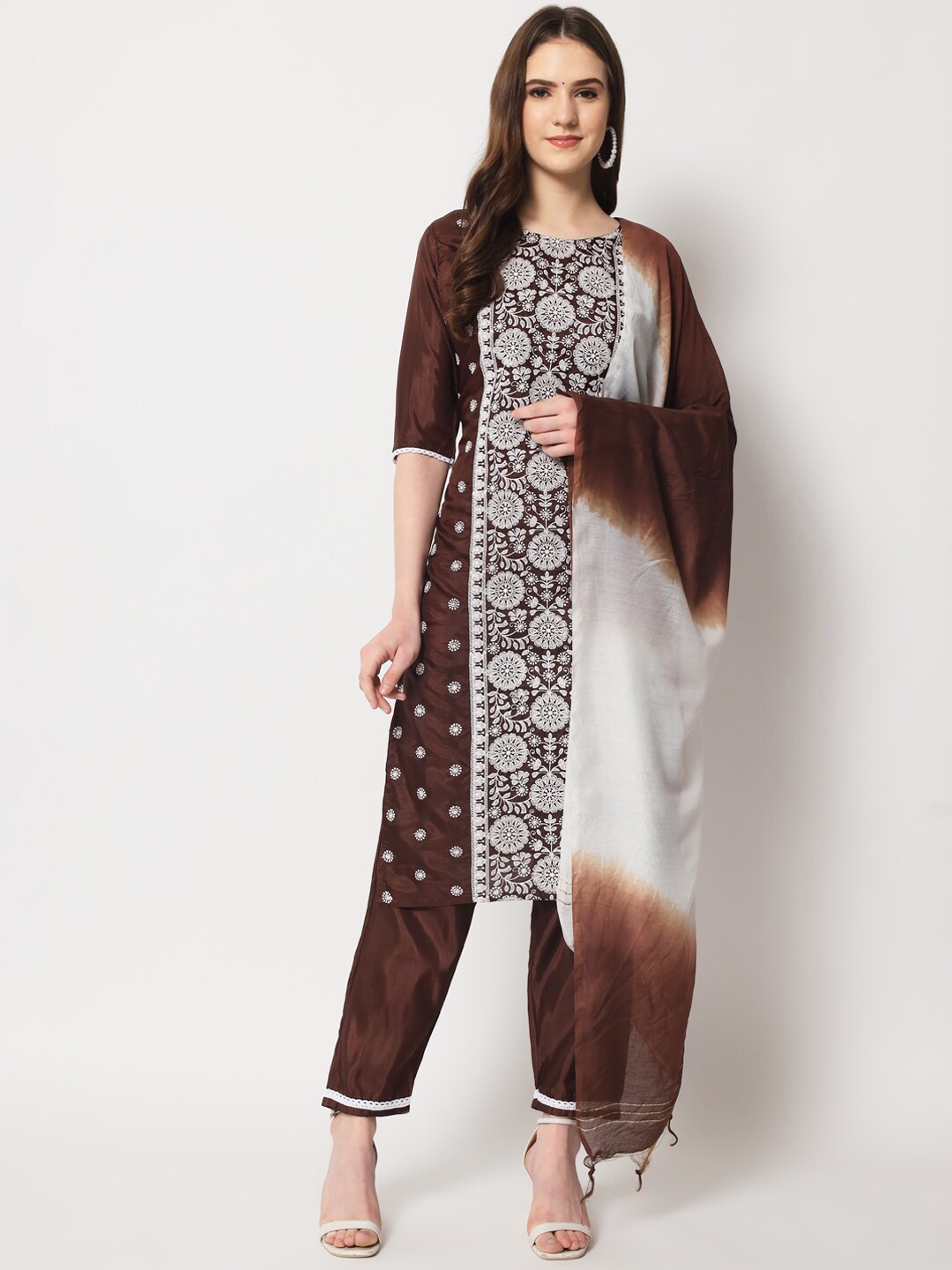 

MORLY Women Brown Floral Embroidered Mirror Work Kurti with Trousers & With Dupatta