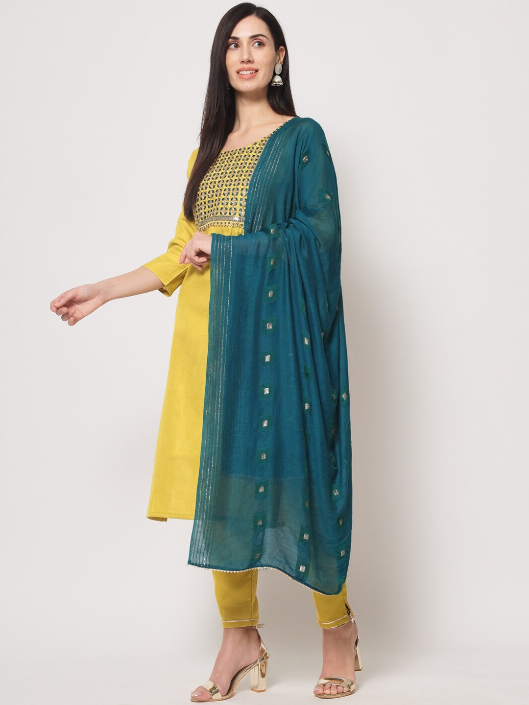 

MORLY Women Ethnic Motifs Embroidered Kurta with Trousers & With Dupatta, Yellow