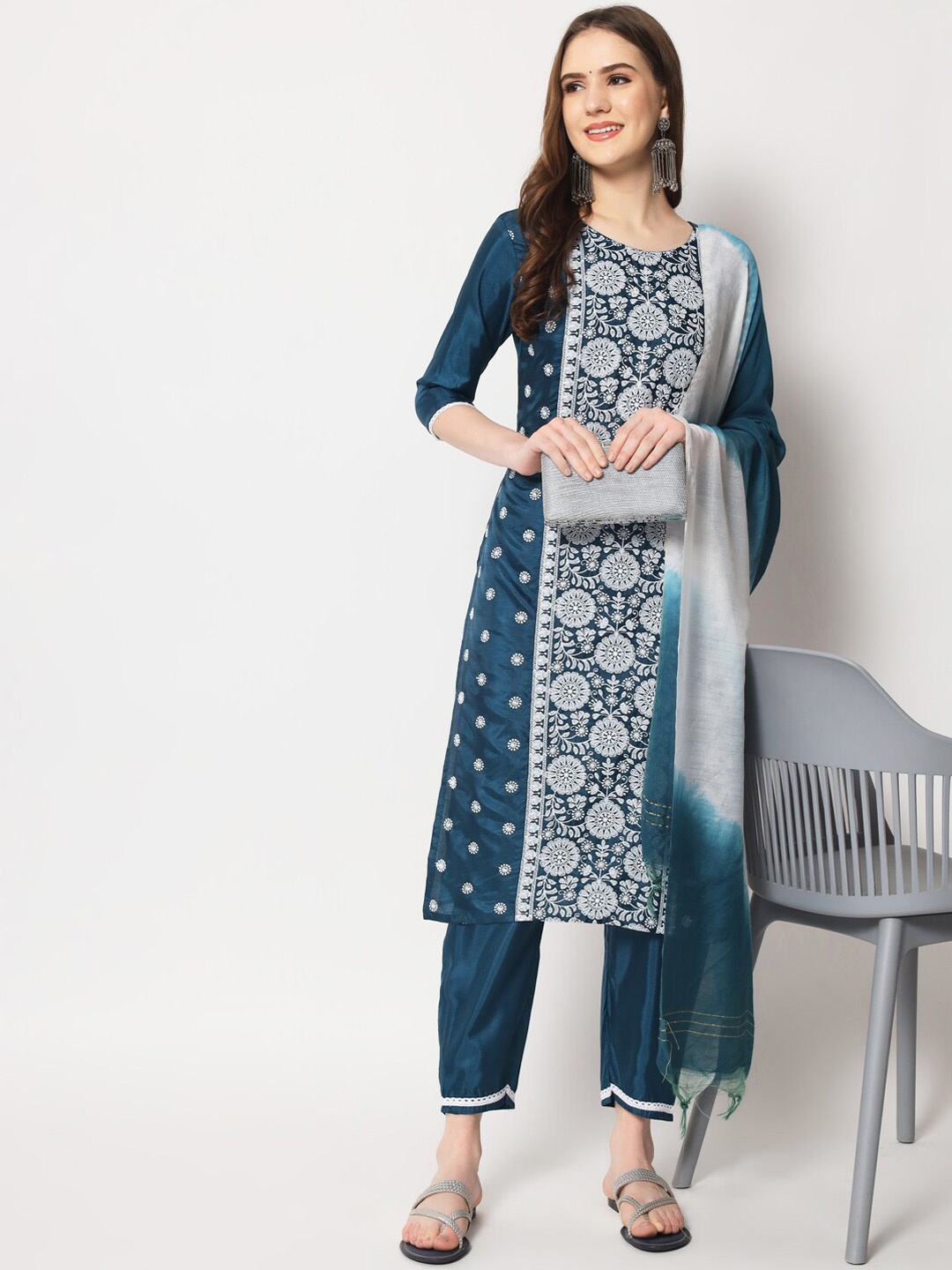 

MORLY Women Navy Blue Embroidered Thread Work Kurti with Trousers & With Dupatta