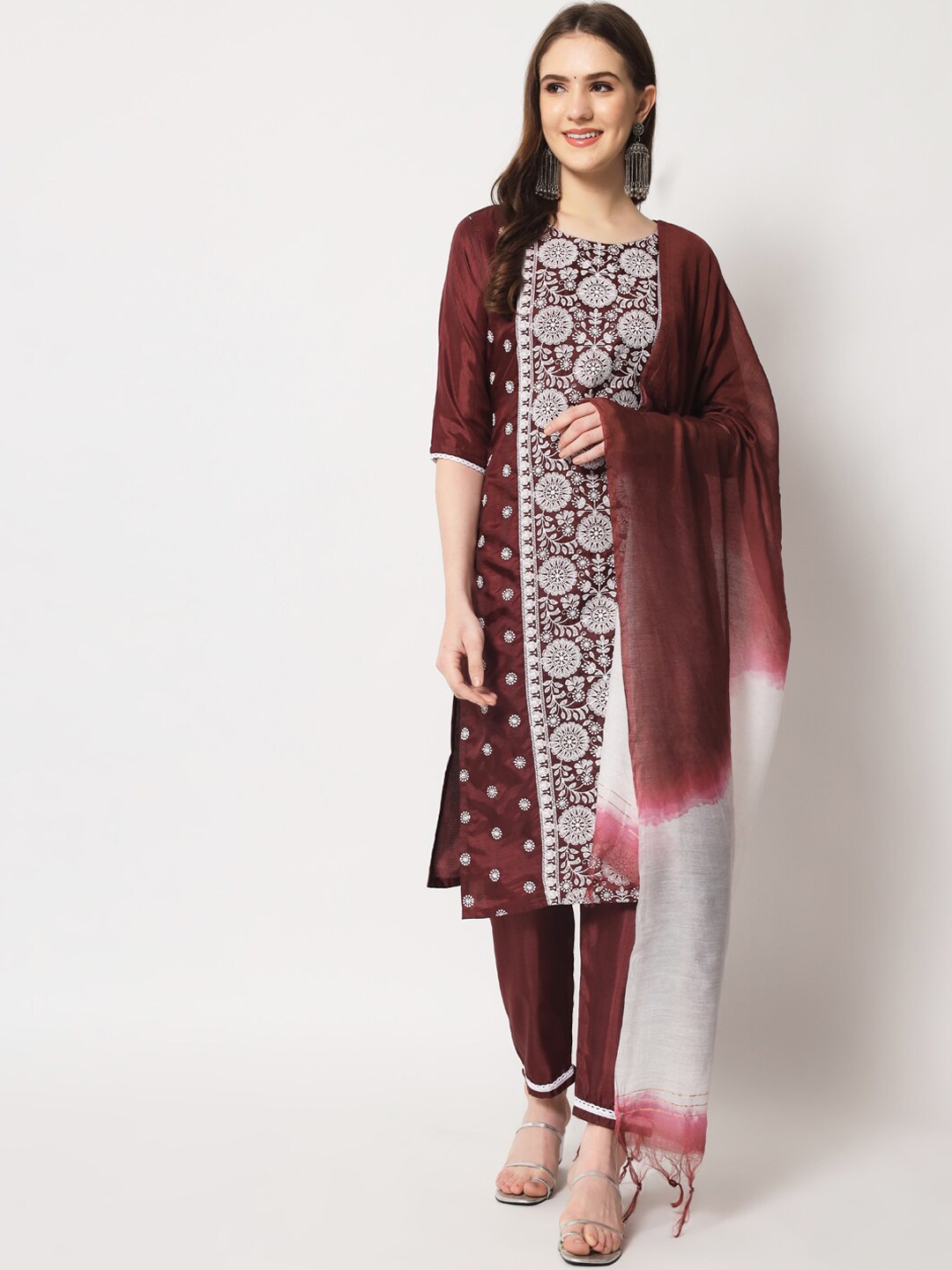 

MORLY Women Maroon Embroidered Mirror Work Kurta with Trousers & With Dupatta