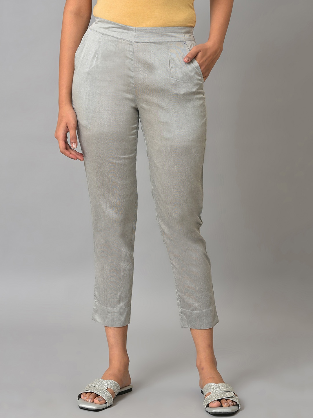 

AURELIA Women Grey Slim Fit Pleated Trousers