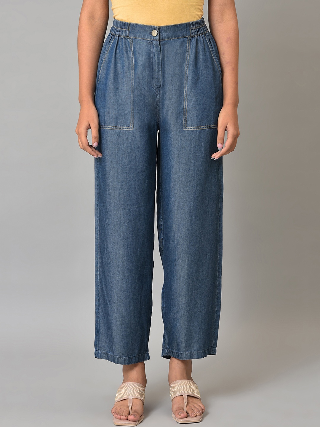 

AURELIA Women Mid-Rise Loose Fit Trousers, Blue