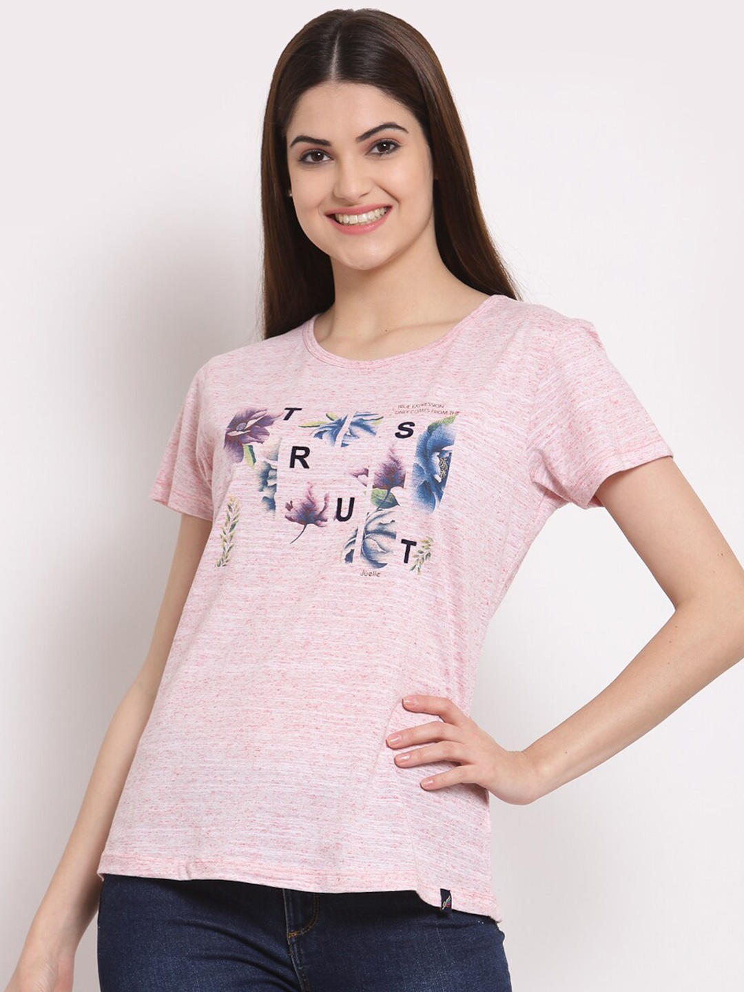 

Juelle Women Floral Printed Cotton T-shirt, Pink