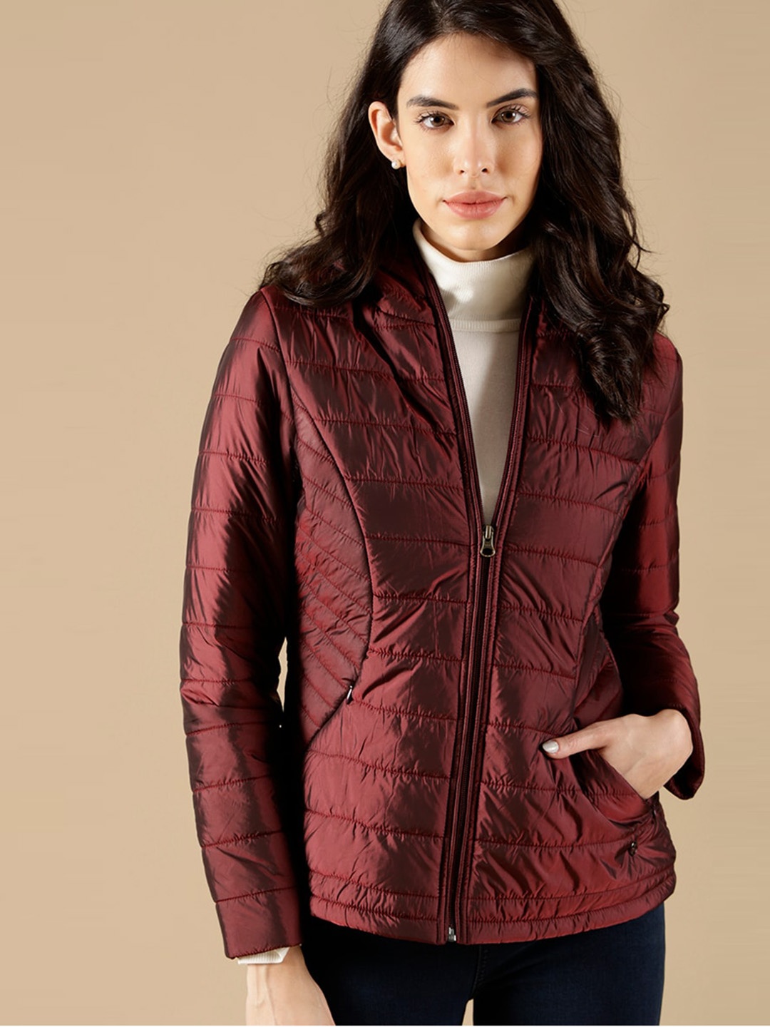 

Gipsy Women Hooded Dry Fit Quilted Jacket, Burgundy