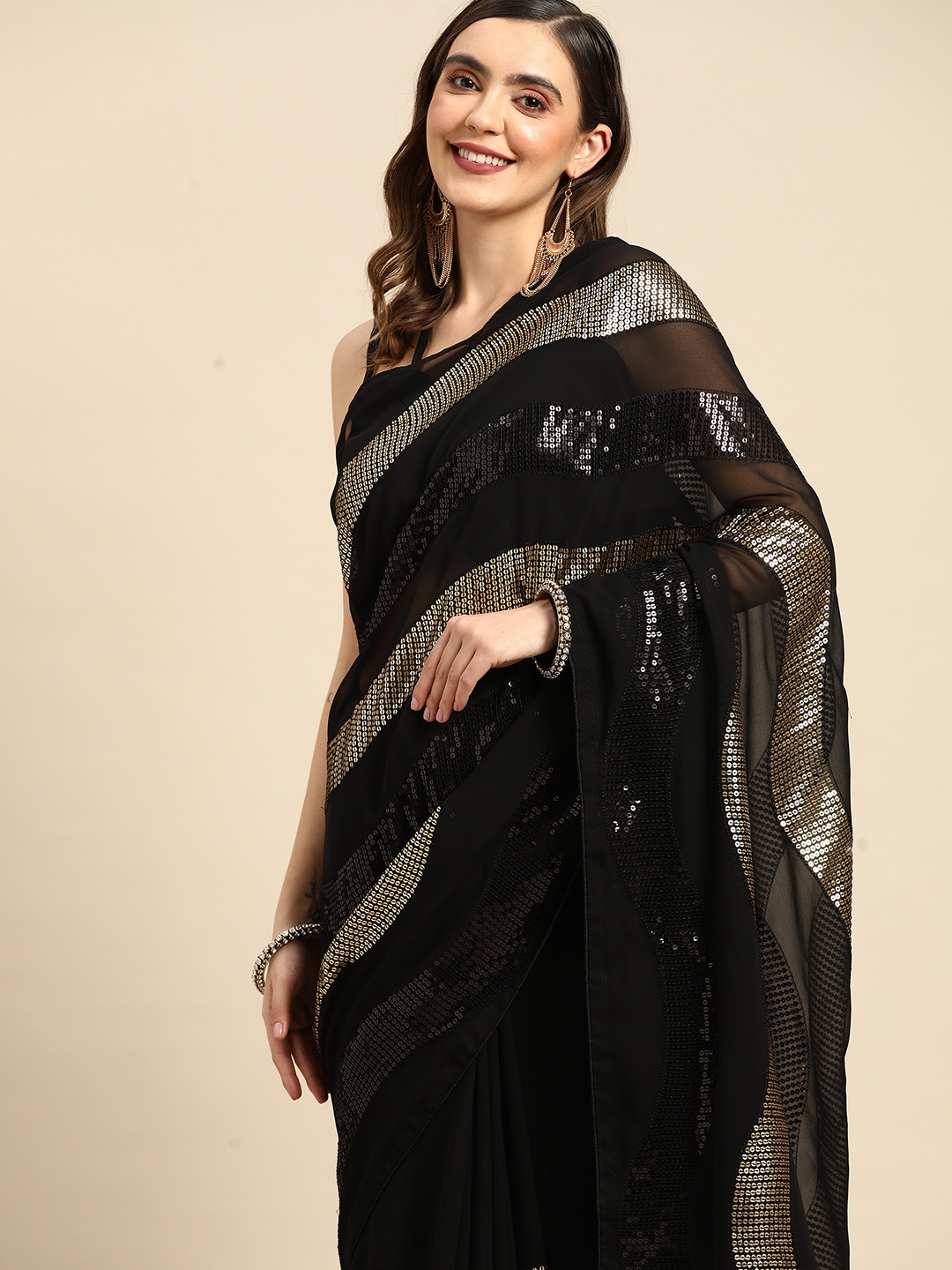 

SERONA FABRICS Leheriya Sequinned Pure Georgette Saree, Black
