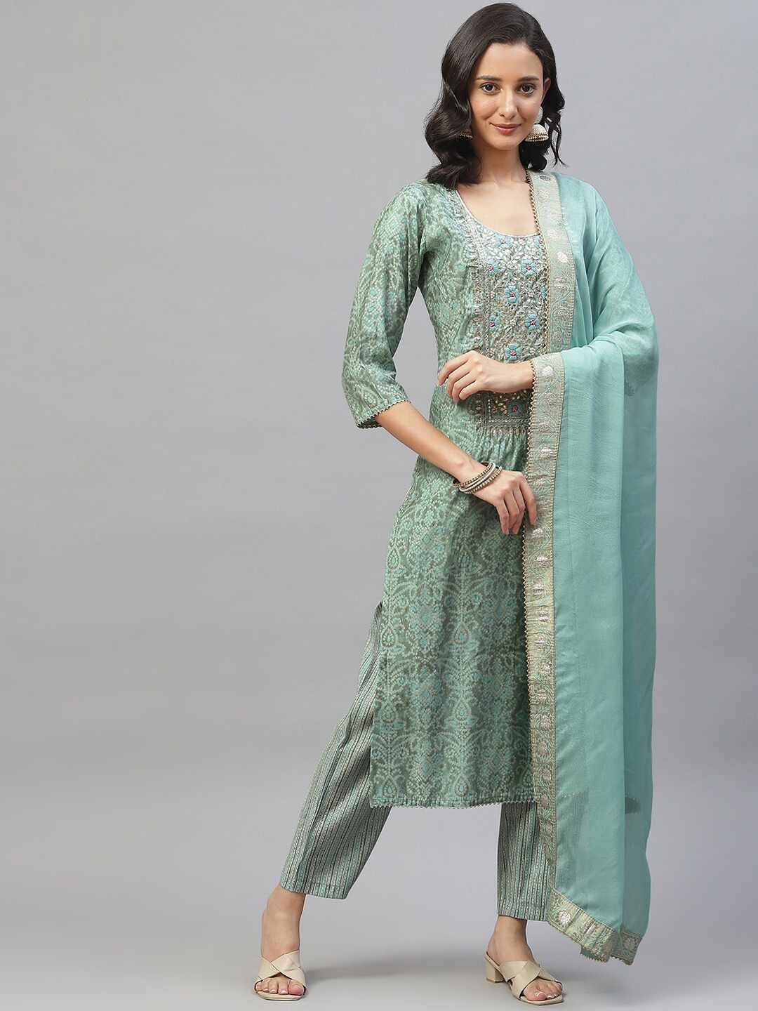 

Divena Women Bandhani Embroidered Zardozi Kurta With Trousers & Dupatta, Blue