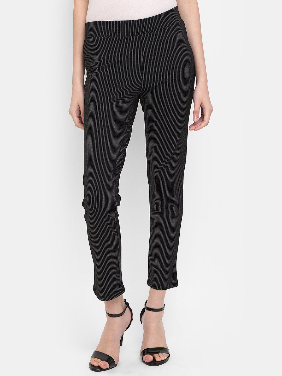 

V-Mart Women Striped Cotton Jeggings, Black