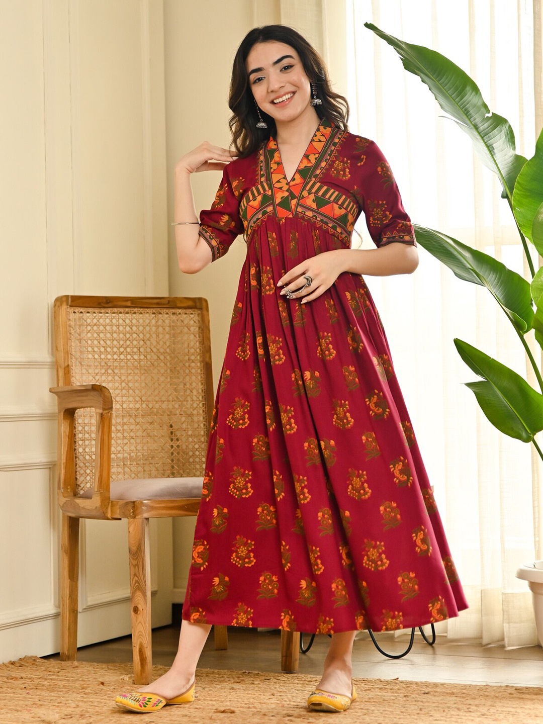 

Rustorange Floral Printed Maxi Dress, Maroon