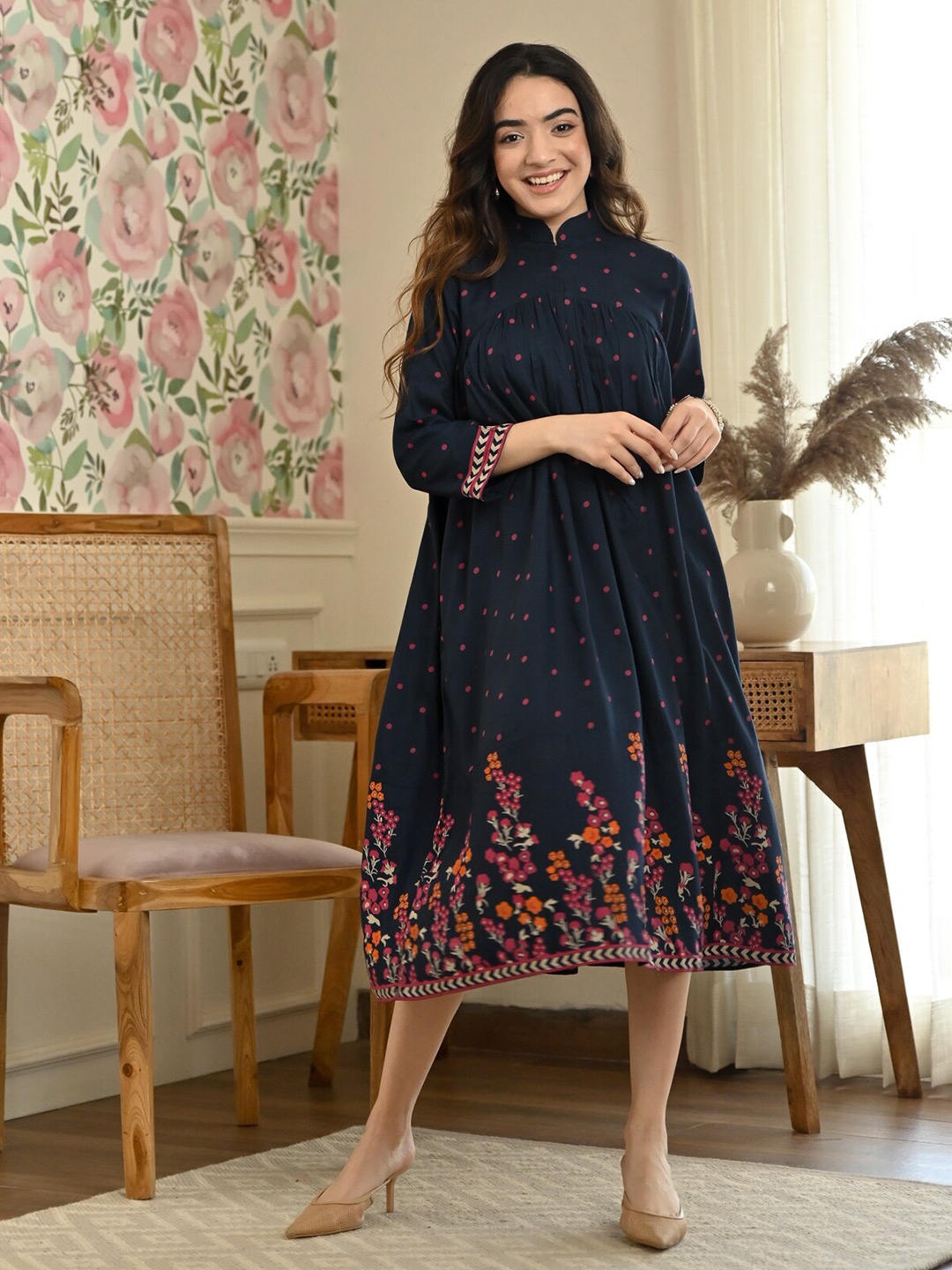 

Rustorange Floral Printed A-Line Midi Dress, Violet