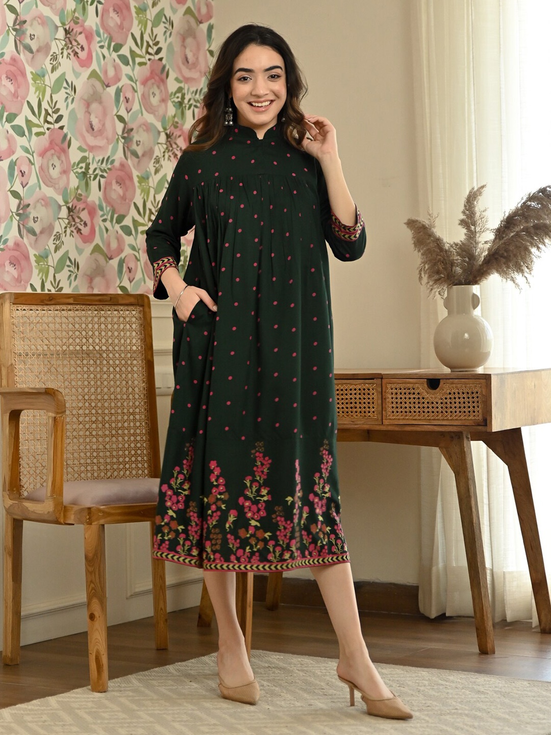 

Rustorange Floral A-Line Midi Dress, Green