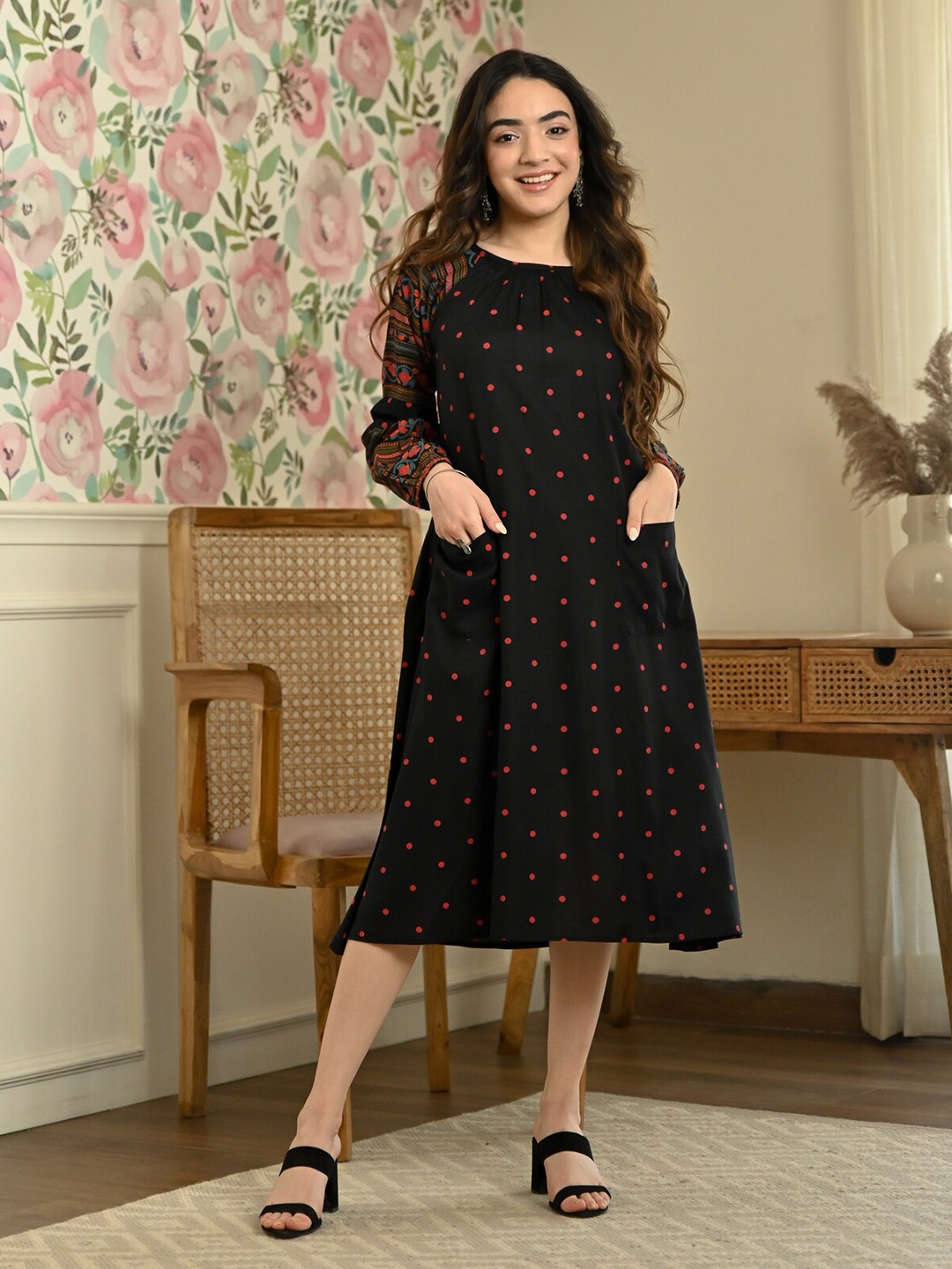 

Rustorange Polka Dots Printed A-Line Midi Dress, Black