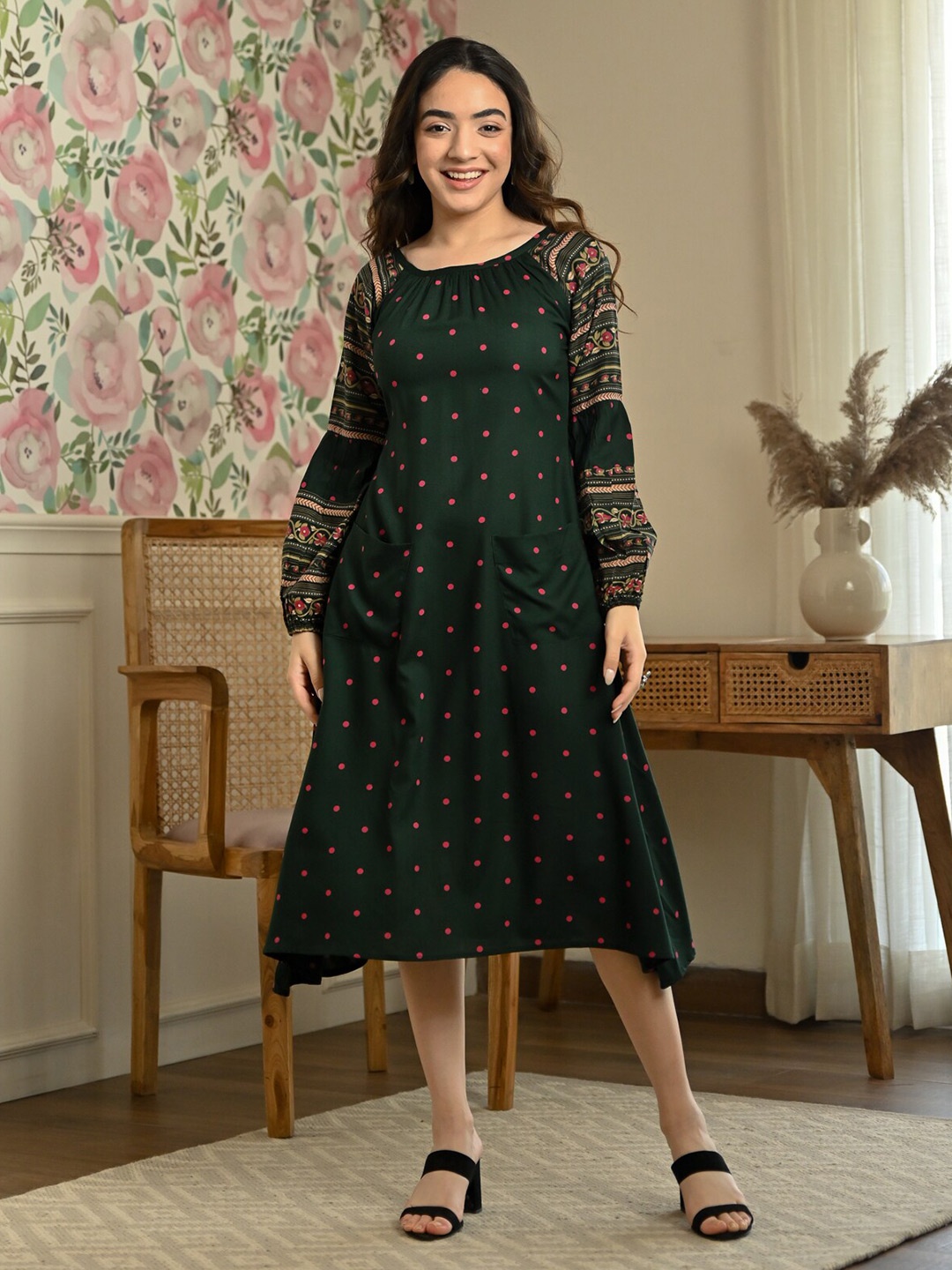 

Rustorange Floral A-Line Midi Dress, Green