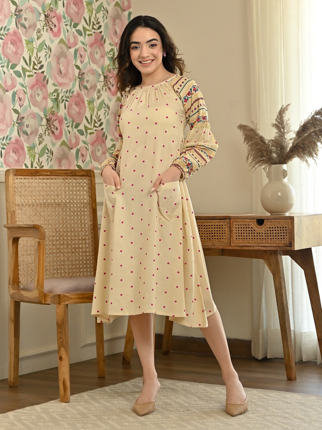 

Rustorange Floral A-Line Midi Dress, Cream