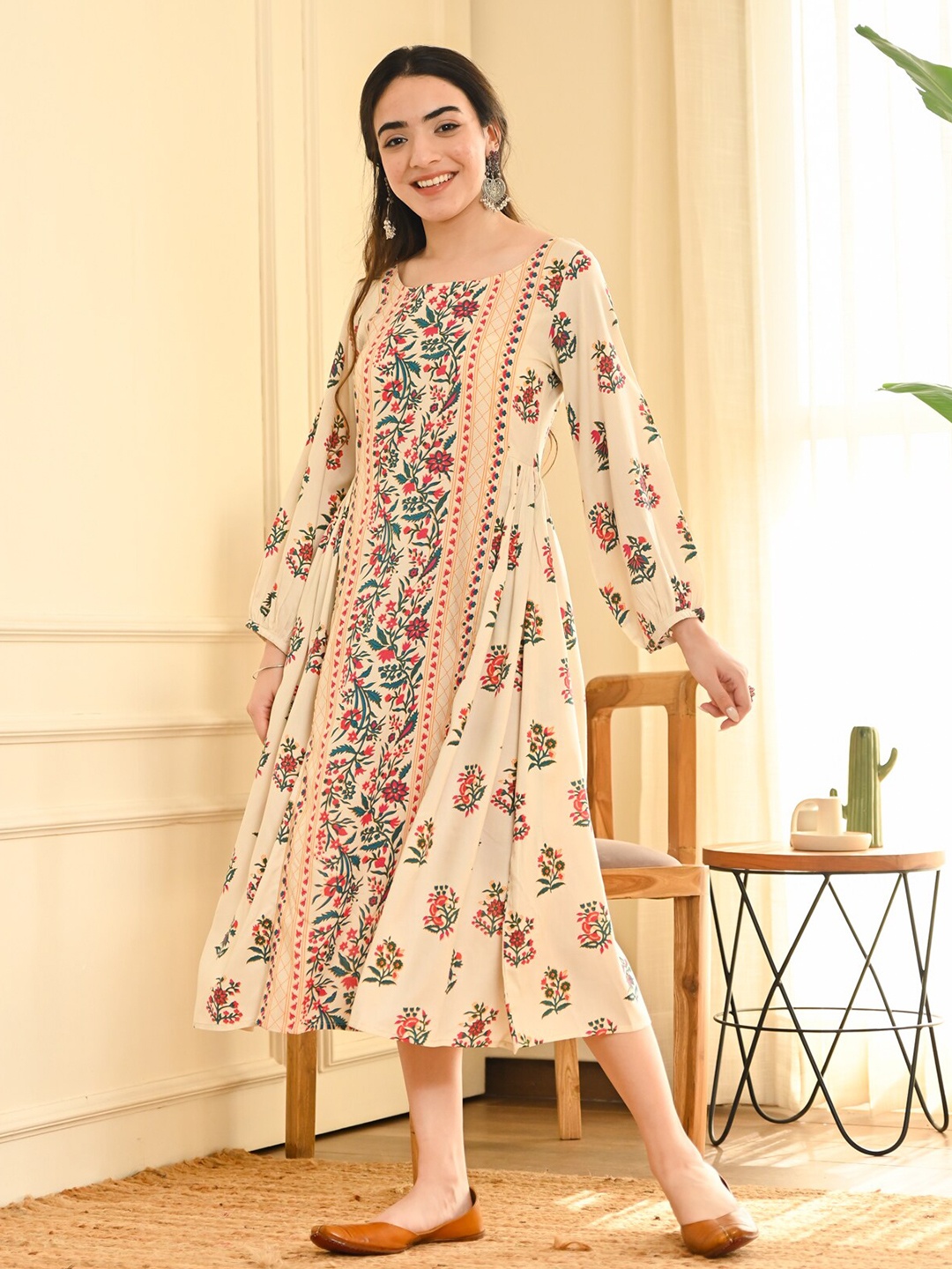 

Rustorange Cream-Coloured Floral A-Line Midi Dress