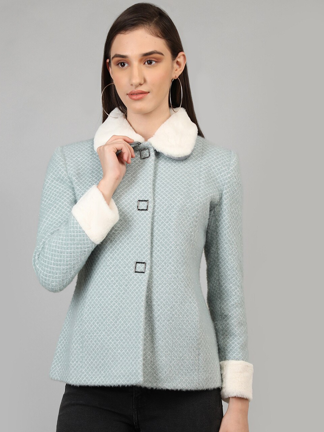 

PROTEX Women Self-Design Faux Fur Trim Overcoat, Blue