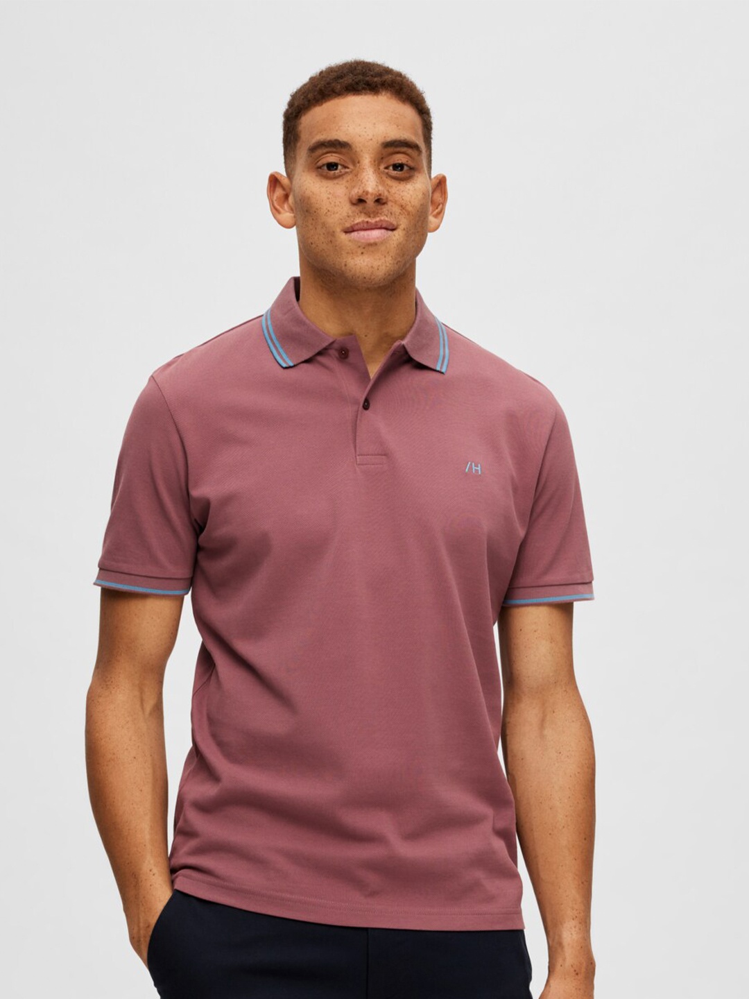 

SELECTED Men Polo Collar Organic Cotton T-shirt, Brown