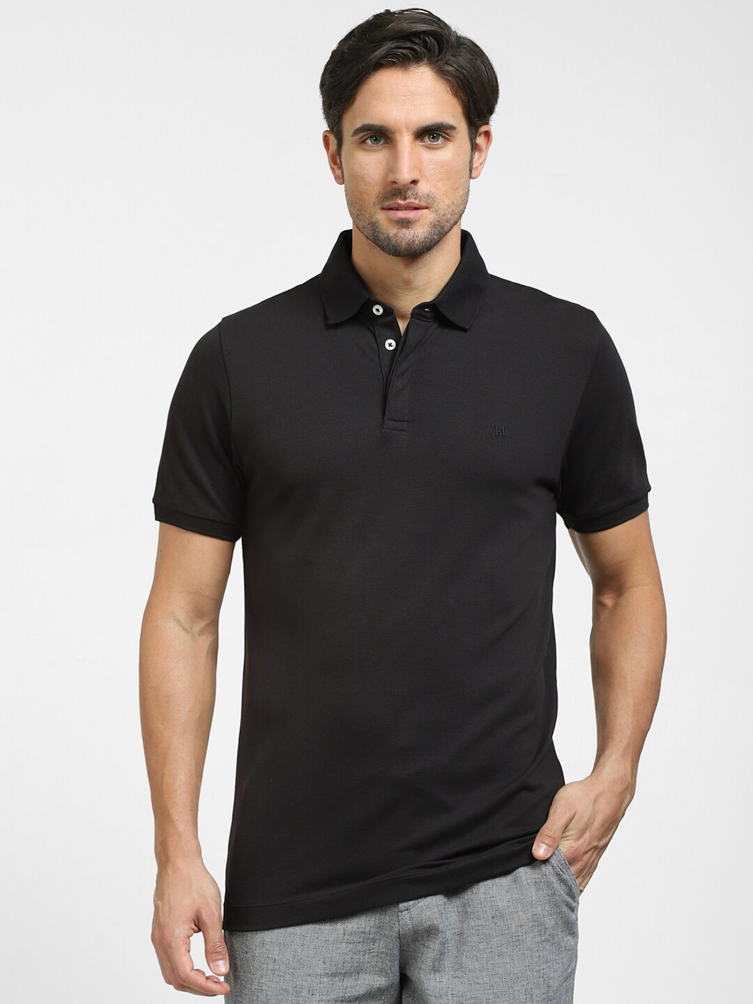 

SELECTED Men Polo Collar Slim Fit Cotton T-shirt, Black