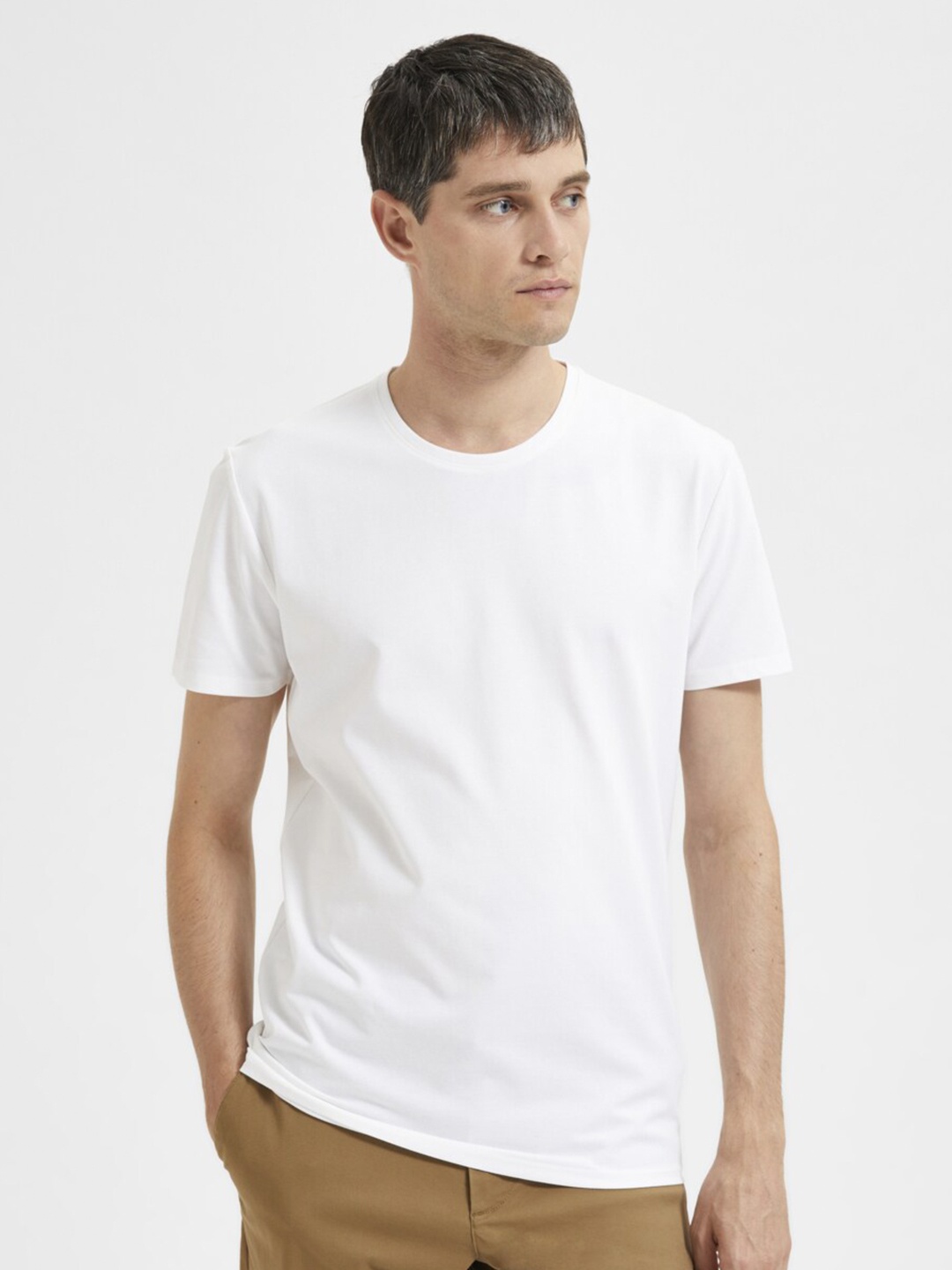 

SELECTED Men Round Neck Cotton T-shirt, White