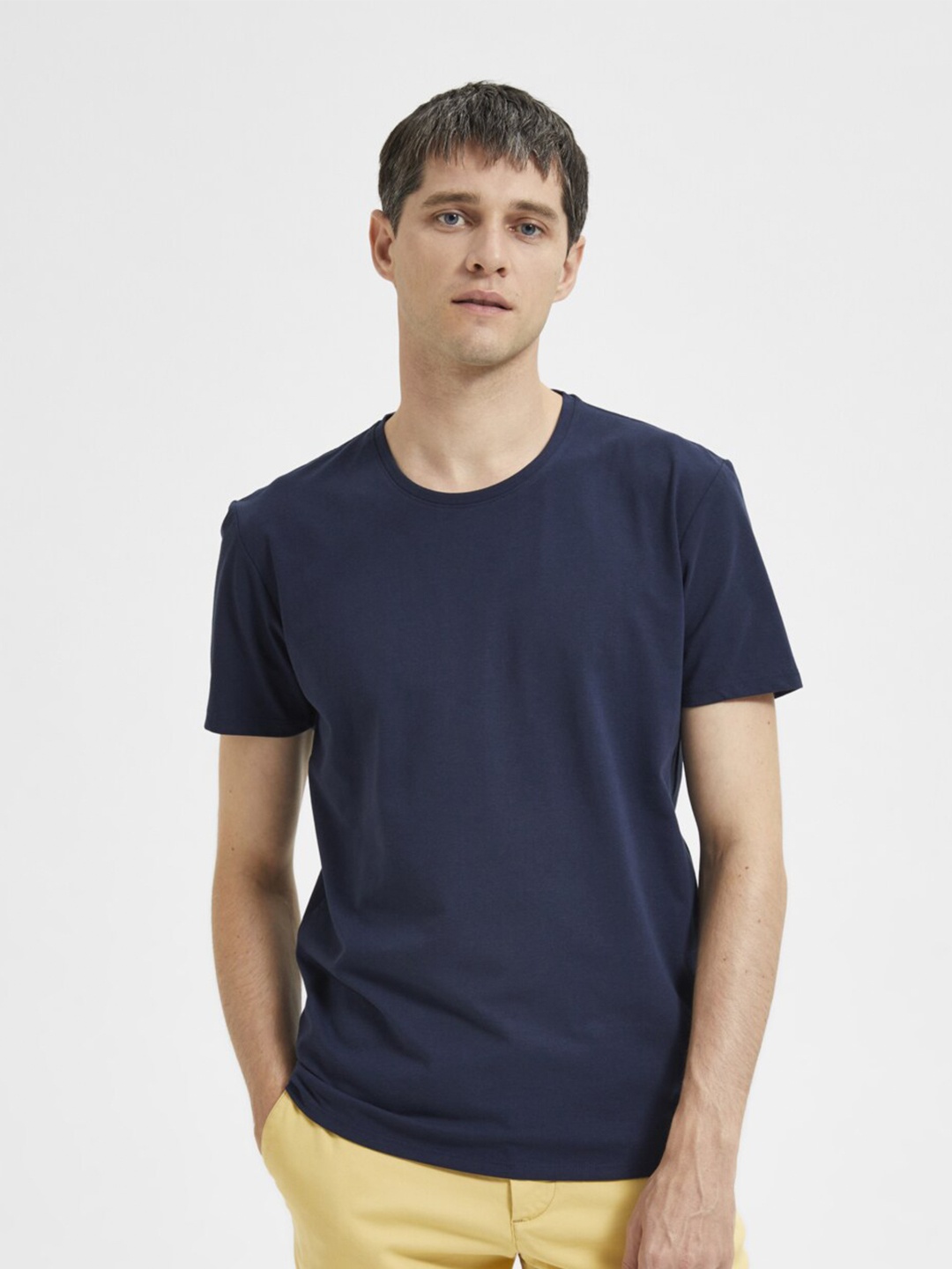 

SELECTED Men Round Neck Cotton T-shirt, Navy blue