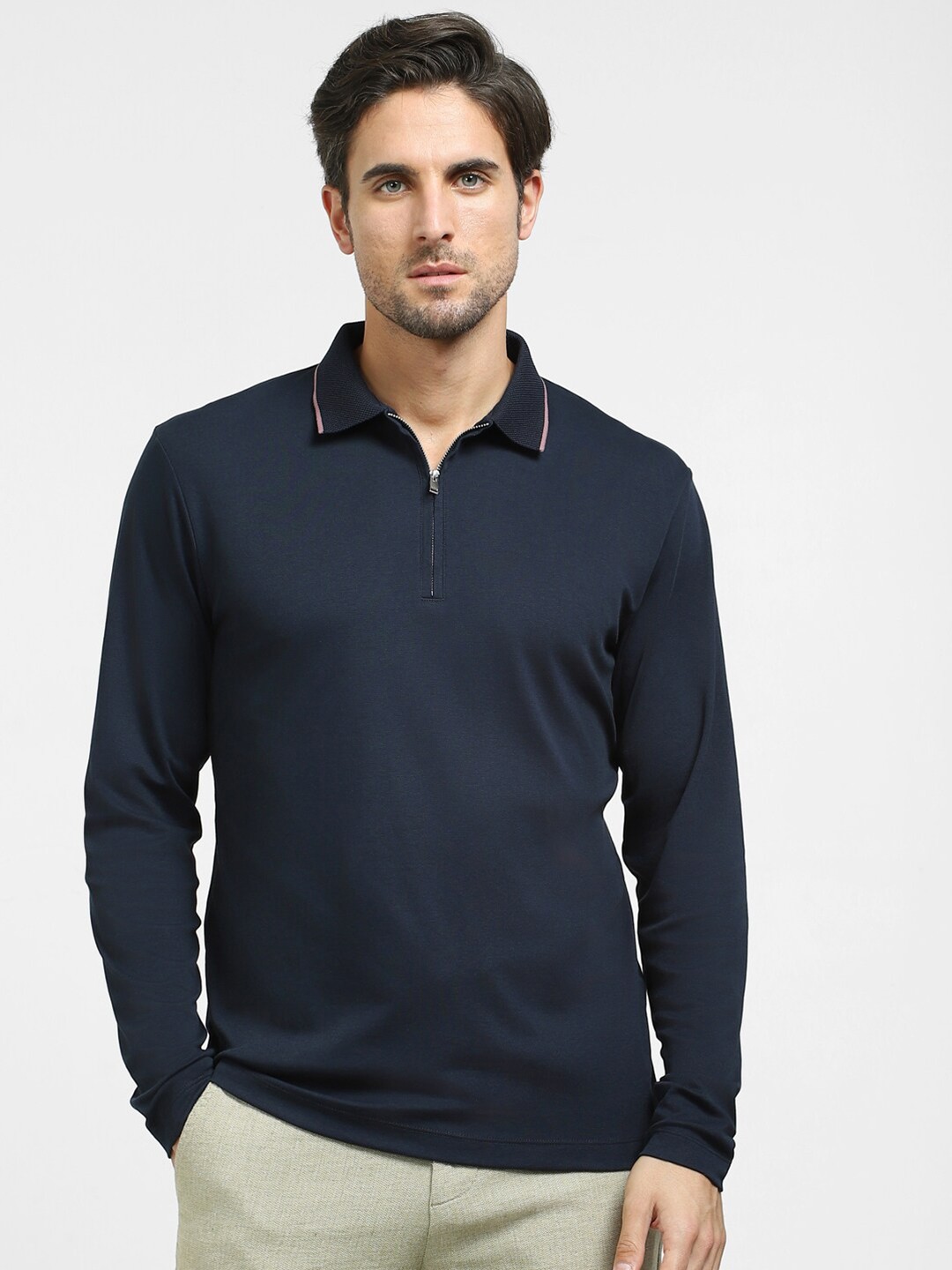 

SELECTED Men Polo Collar Slim Fit CottonT-shirt, Blue