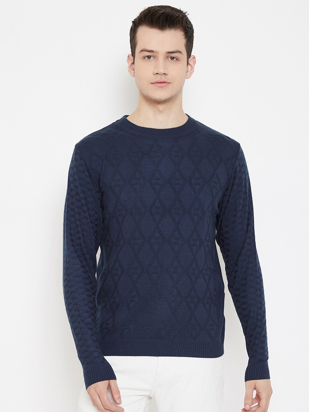 

JUMP USA Men Cable Knit Ribbed Hemline Acrylic Pullover Sweater, Navy blue
