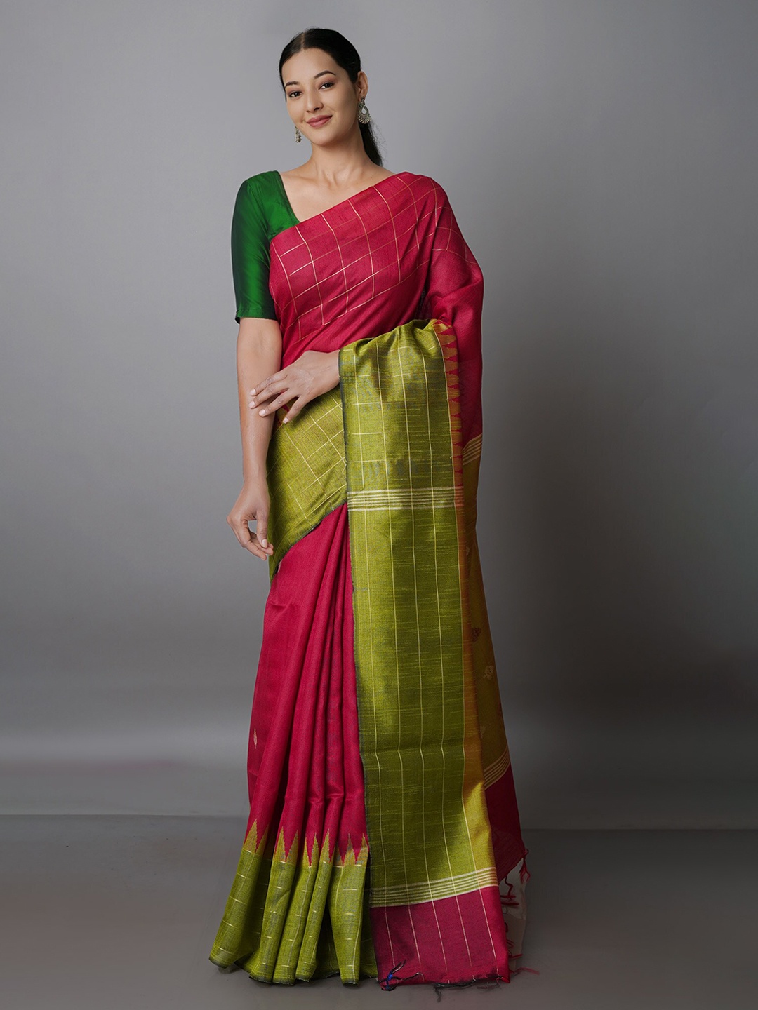 

Unnati Silks Checked Zari Silk Blend Bhagalpuri Saree, Maroon