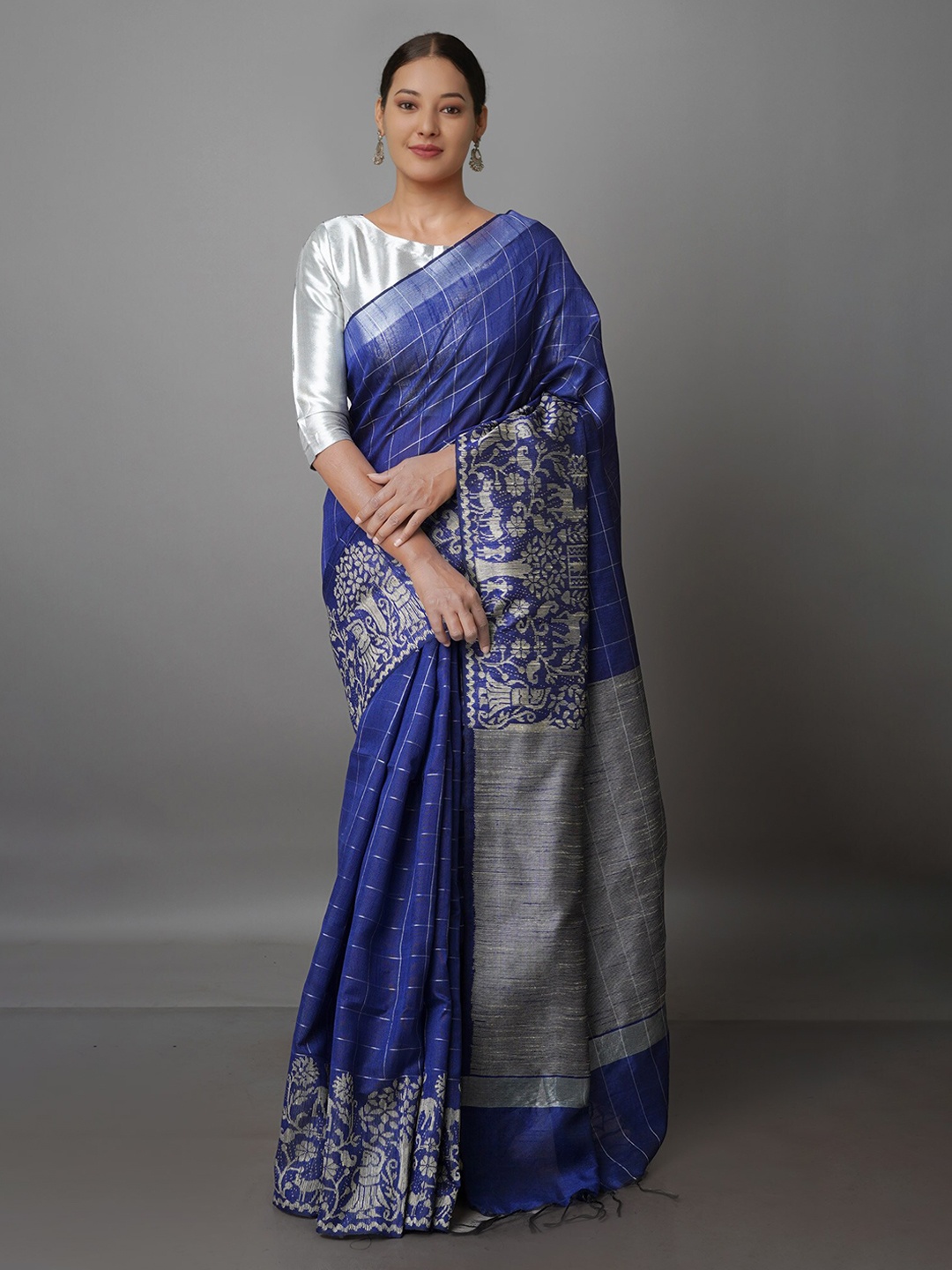 

Unnati Silks Woven Design Zari Silk Blend Bhagalpuri Saree, Navy blue