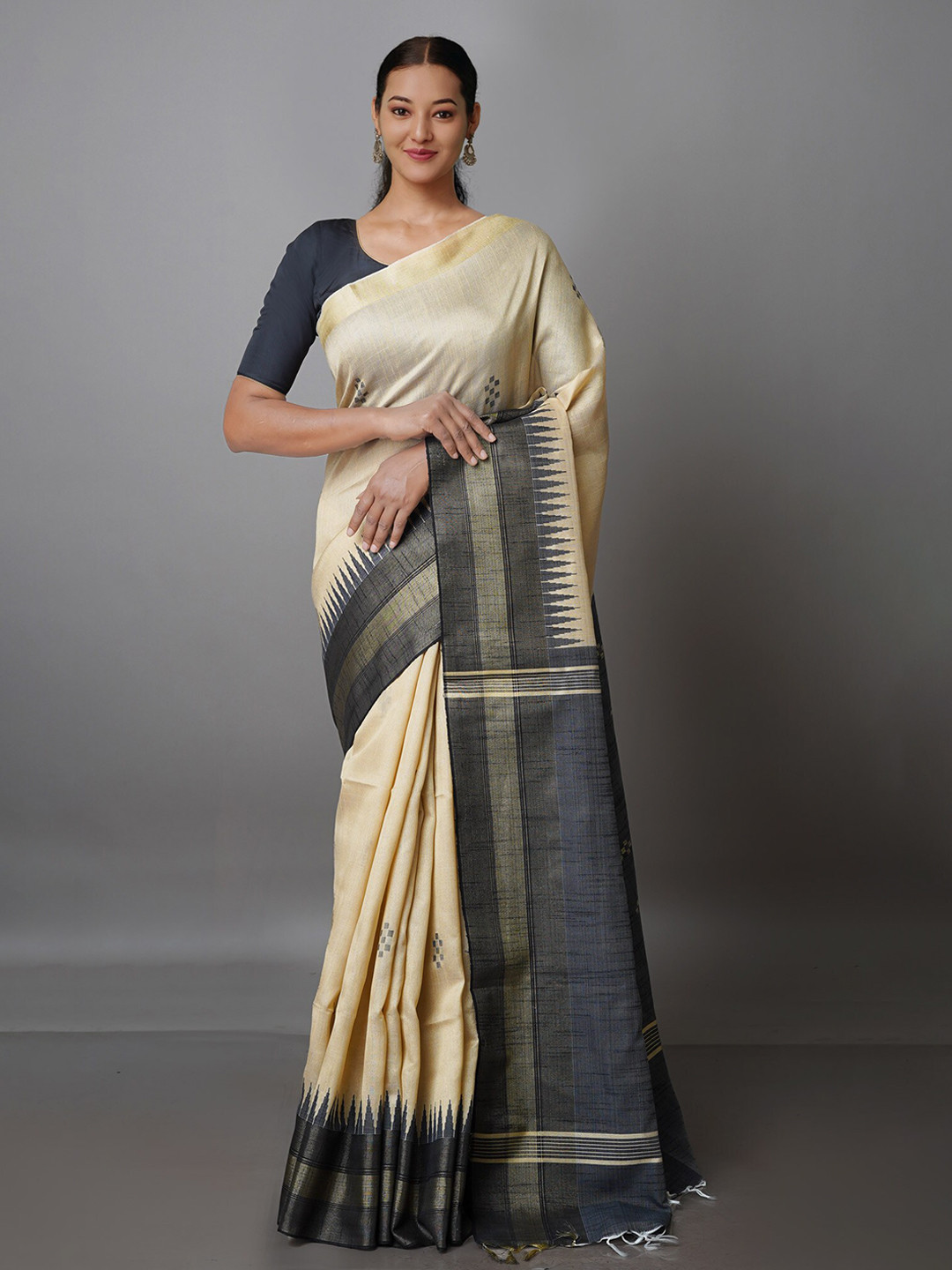 

Unnati Silks Woven Design Zari Silk Blend Bhagalpuri Saree, Cream