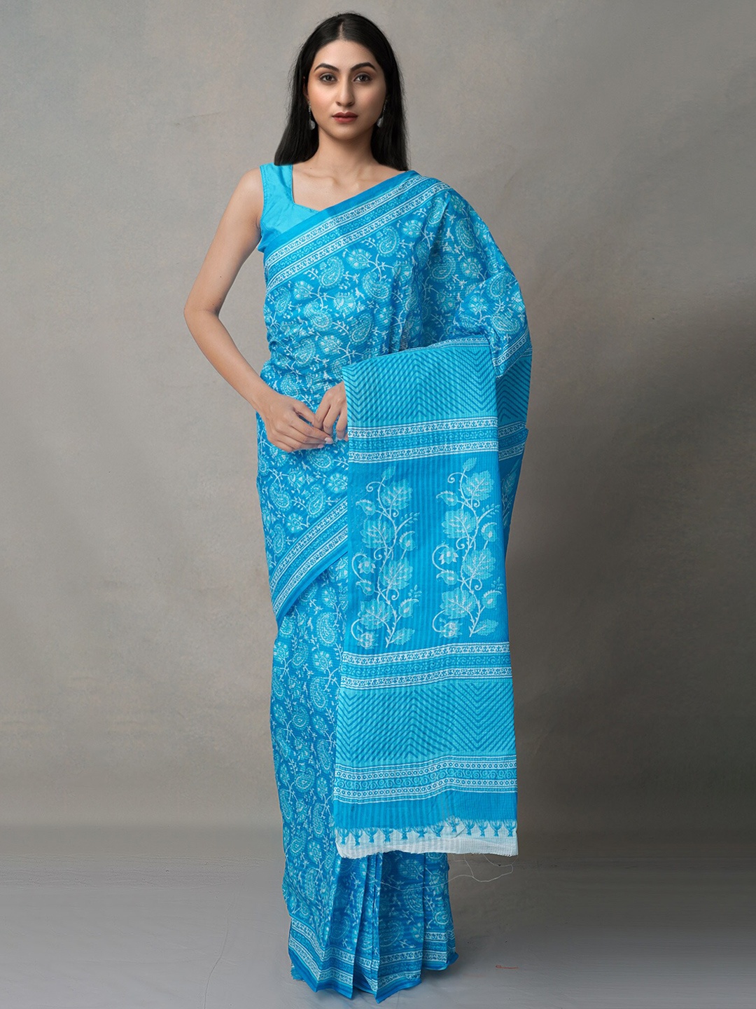 

Unnati Silks Floral Pure Cotton Block Print Saree, Blue