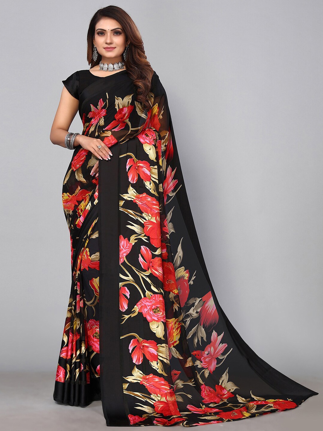 

SIRIL Floral Printed Saree, Black