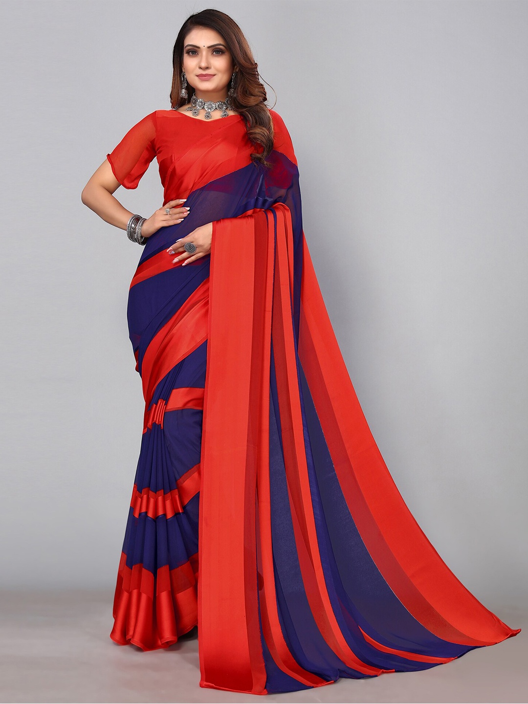 

SIRIL Striped Poly Georgette Saree, Red