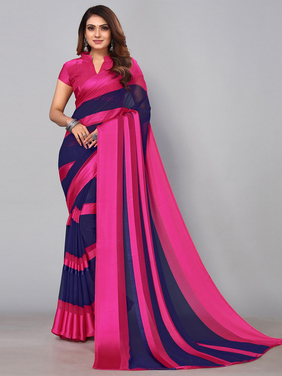 

SIRIL Striped Printed Poly Georgette Saree, Blue