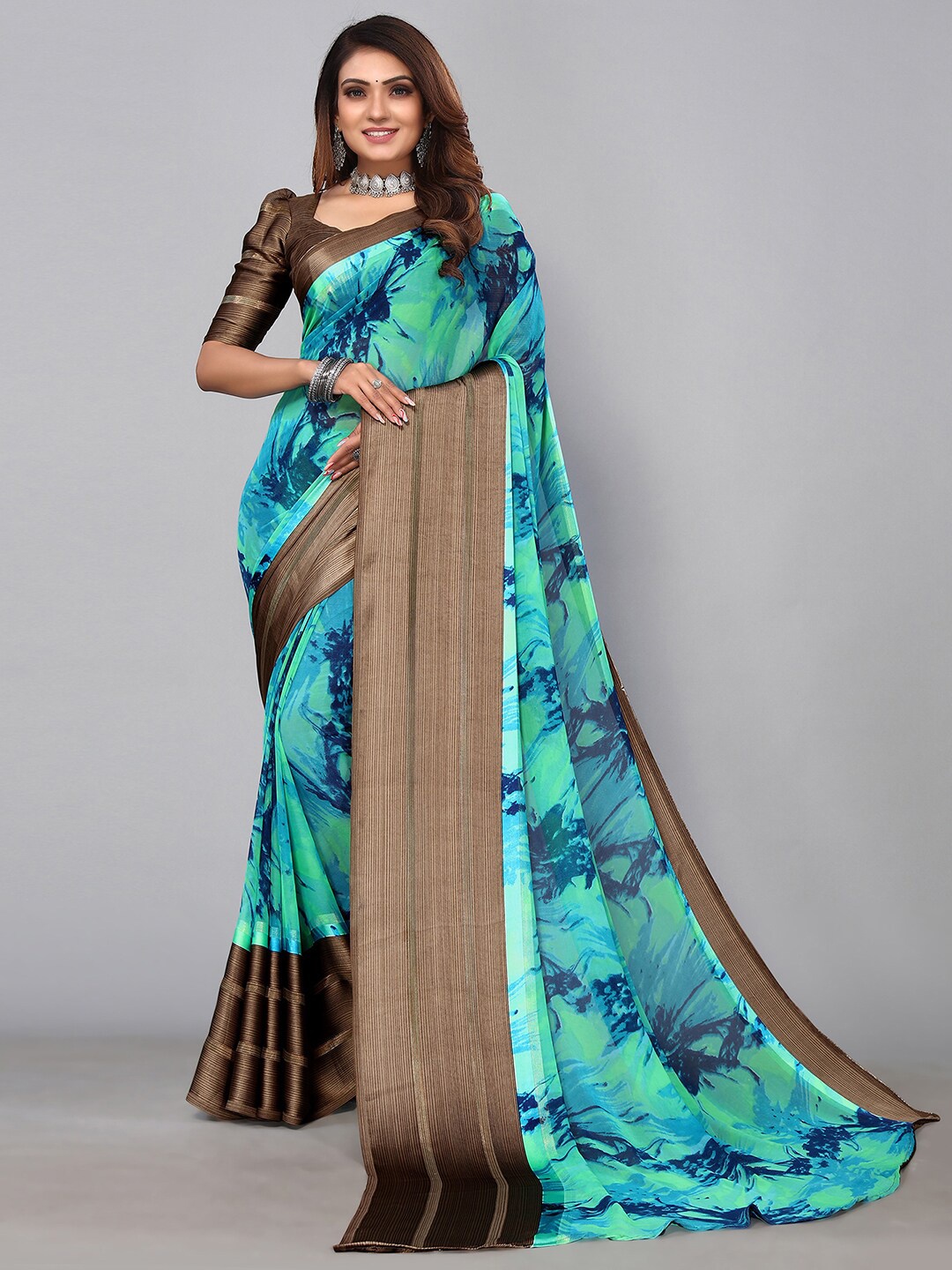 

SIRIL Printed Saree, Turquoise blue