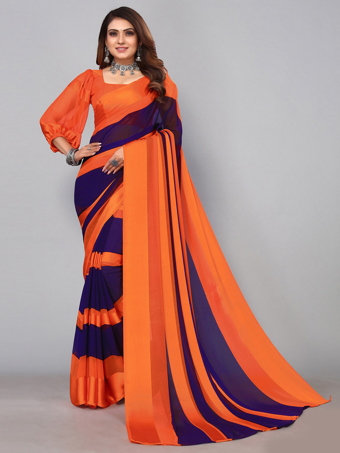 

SIRIL Striped Saree, Navy blue